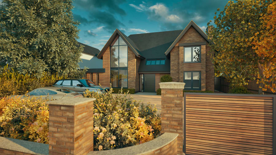 Modern two-storey brick home with large gabled windows, timber cladding accents, landscaped garden and driveway