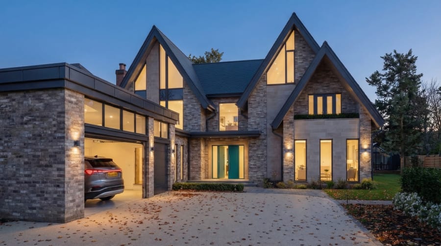 Twilight exterior of a brick gabled house with steep dark roofs, illuminated glazing, and an attached garage