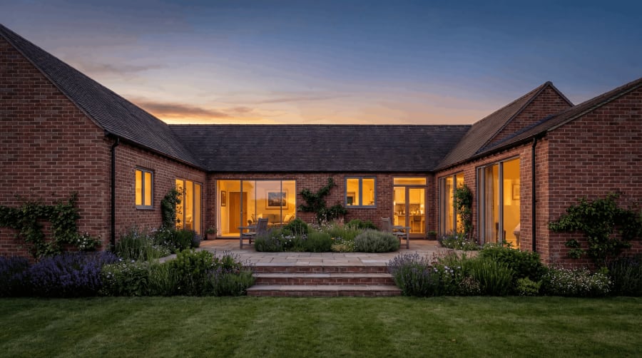 U-shaped brick single-storey house with gabled wings glowing at dusk, opening onto a paved courtyard garden