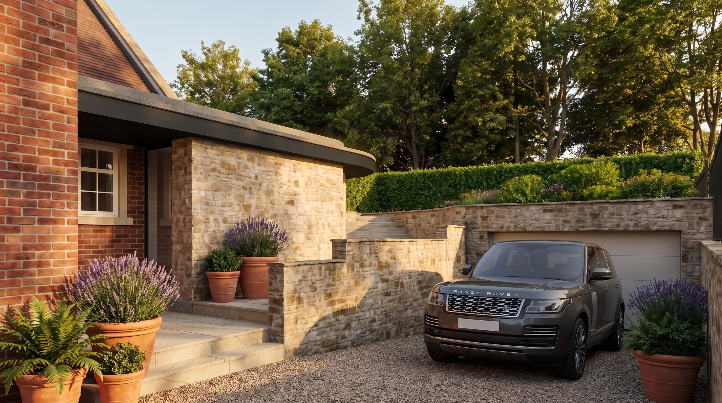 CGI showing the stone wall and curved zinc roof fascia of the new extension sitting below the existing gutter line of the listed building