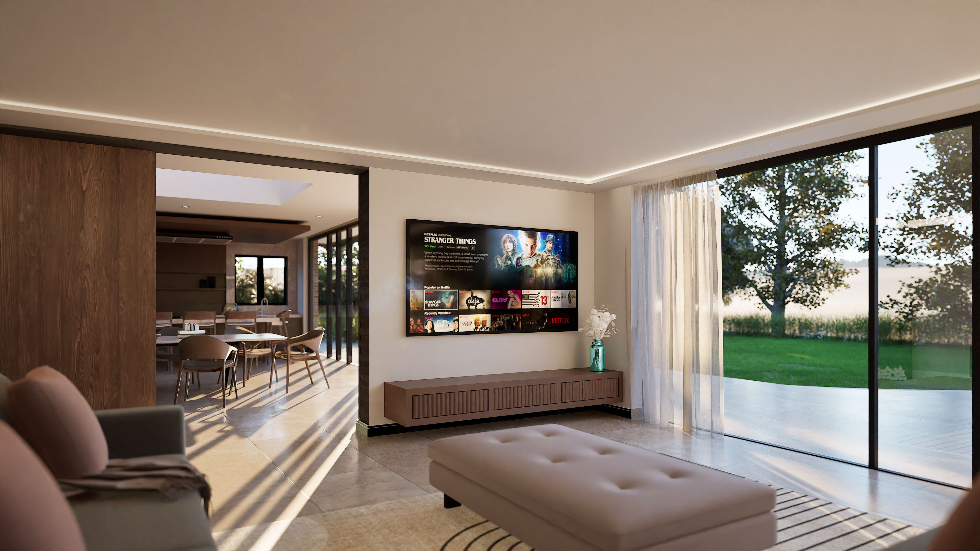 Modern open-plan living room with wall-mounted TV, minimalist furniture, and floor-to-ceiling windows overlooking garden