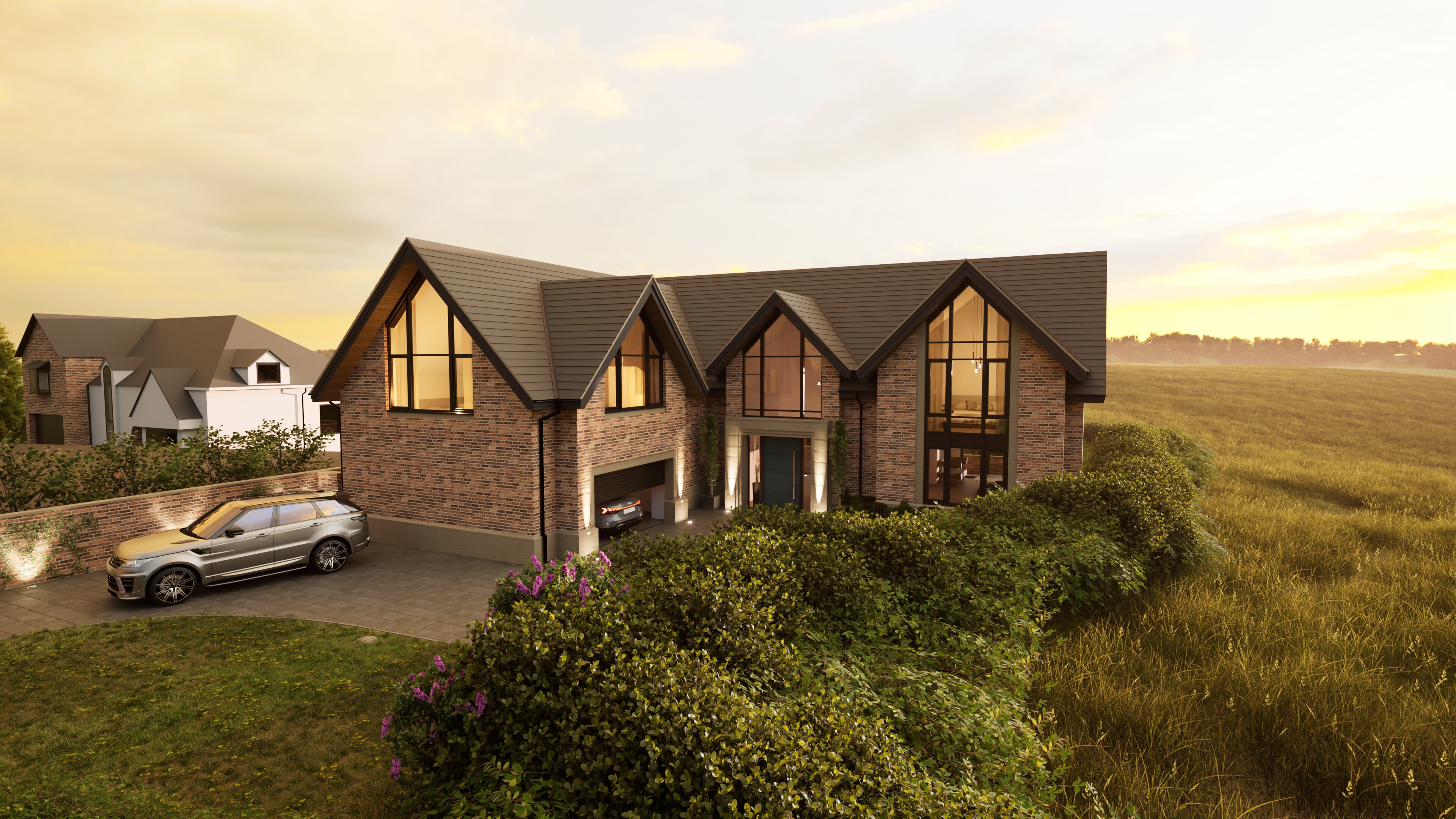 Modern brick home with multiple gabled roofs, large angular windows, integrated garage, and luxury SUV on driveway at sunset