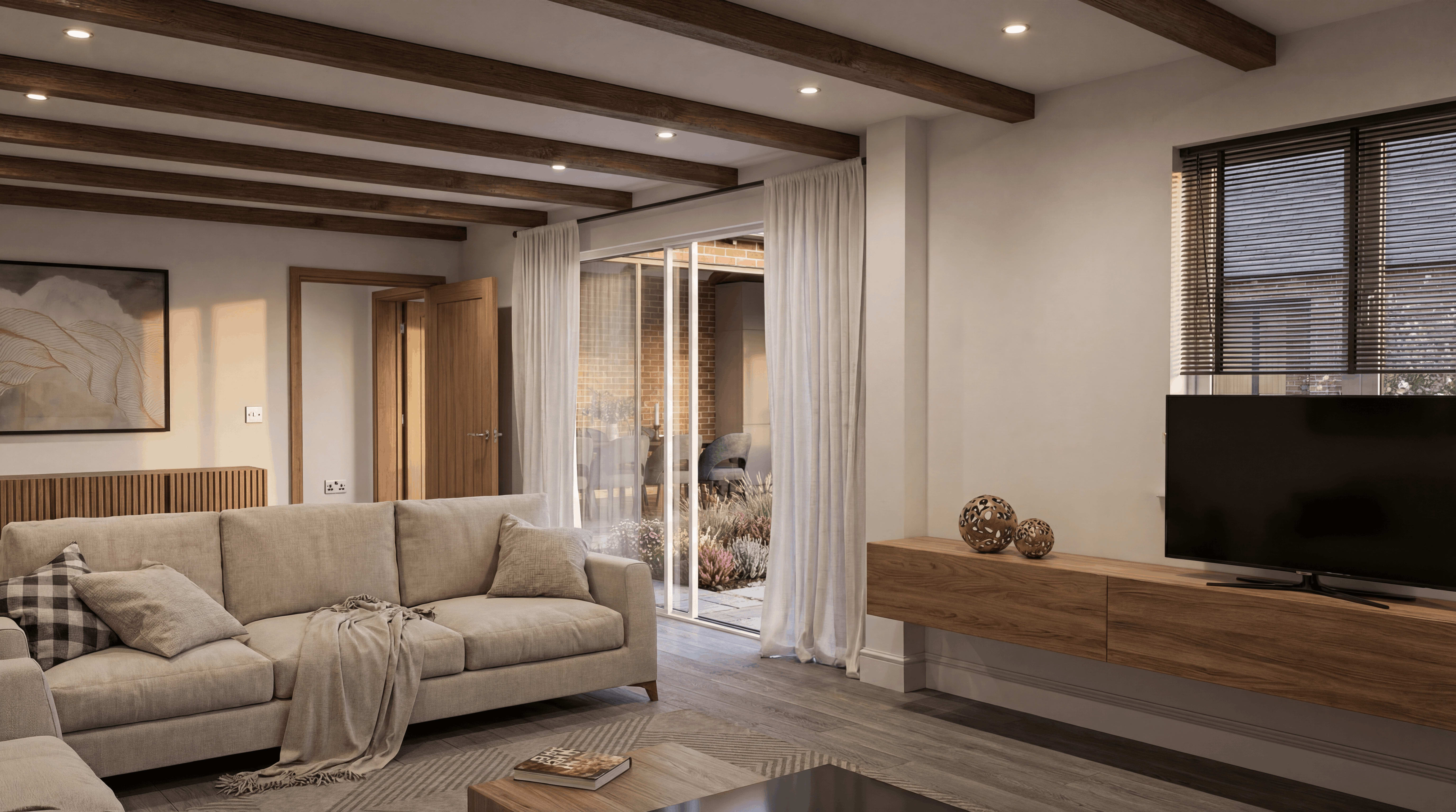 Living room with exposed dark ceiling beams, beige sofa, and floating wood media console beside sliding glass doors to a patio