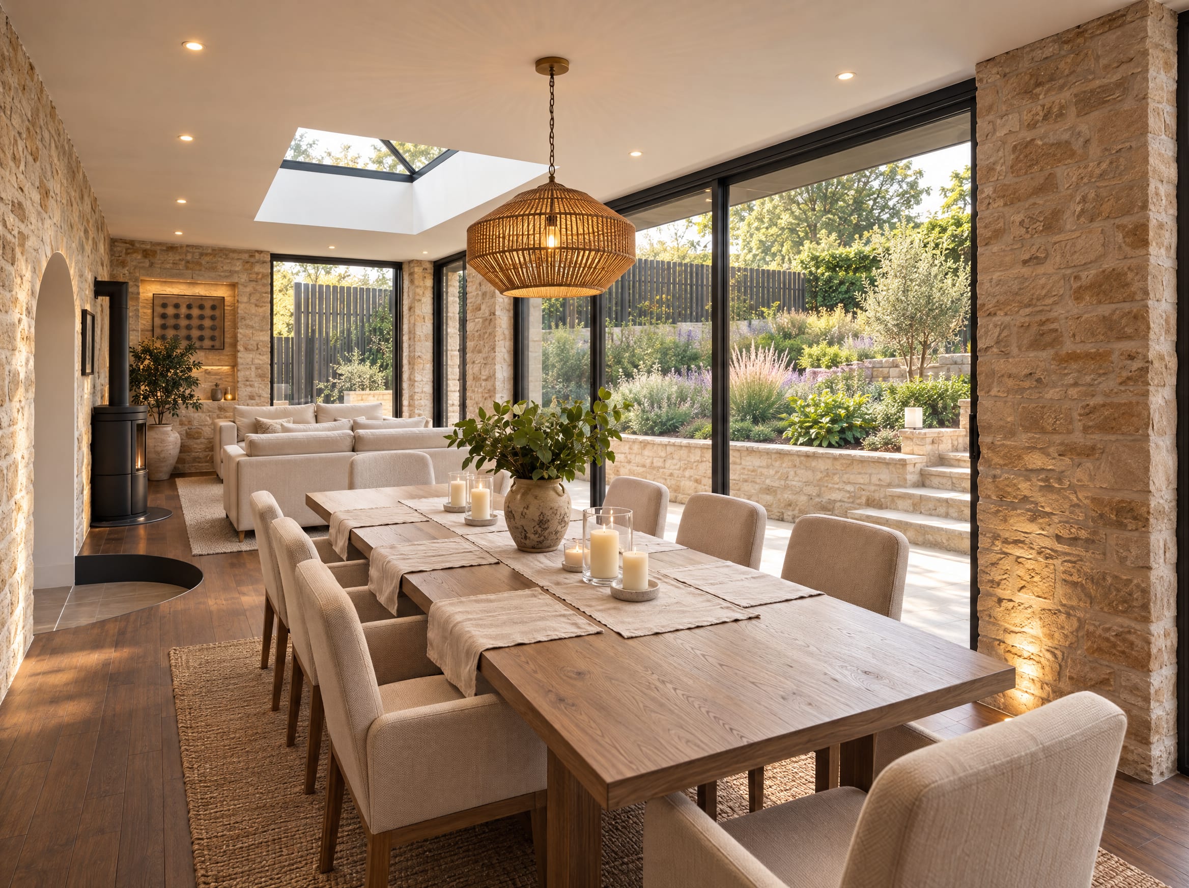CGI interior of the proposed dining area, with matched stone piers, a roof lantern and full-height glazed doors opening onto the garden
