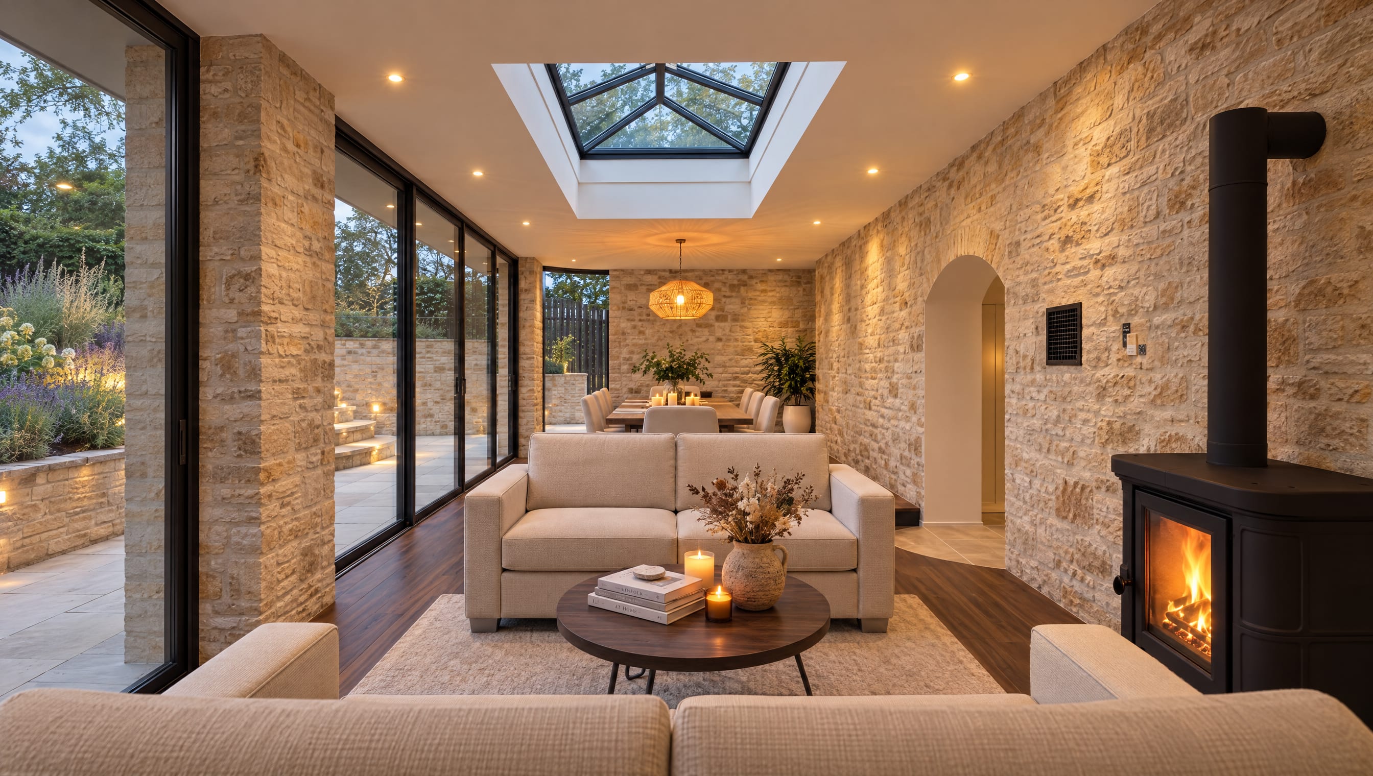 CGI interior of the proposed living space, with exposed stone walls, a glazed roof lantern, wood burning stove and sliding doors to the garden