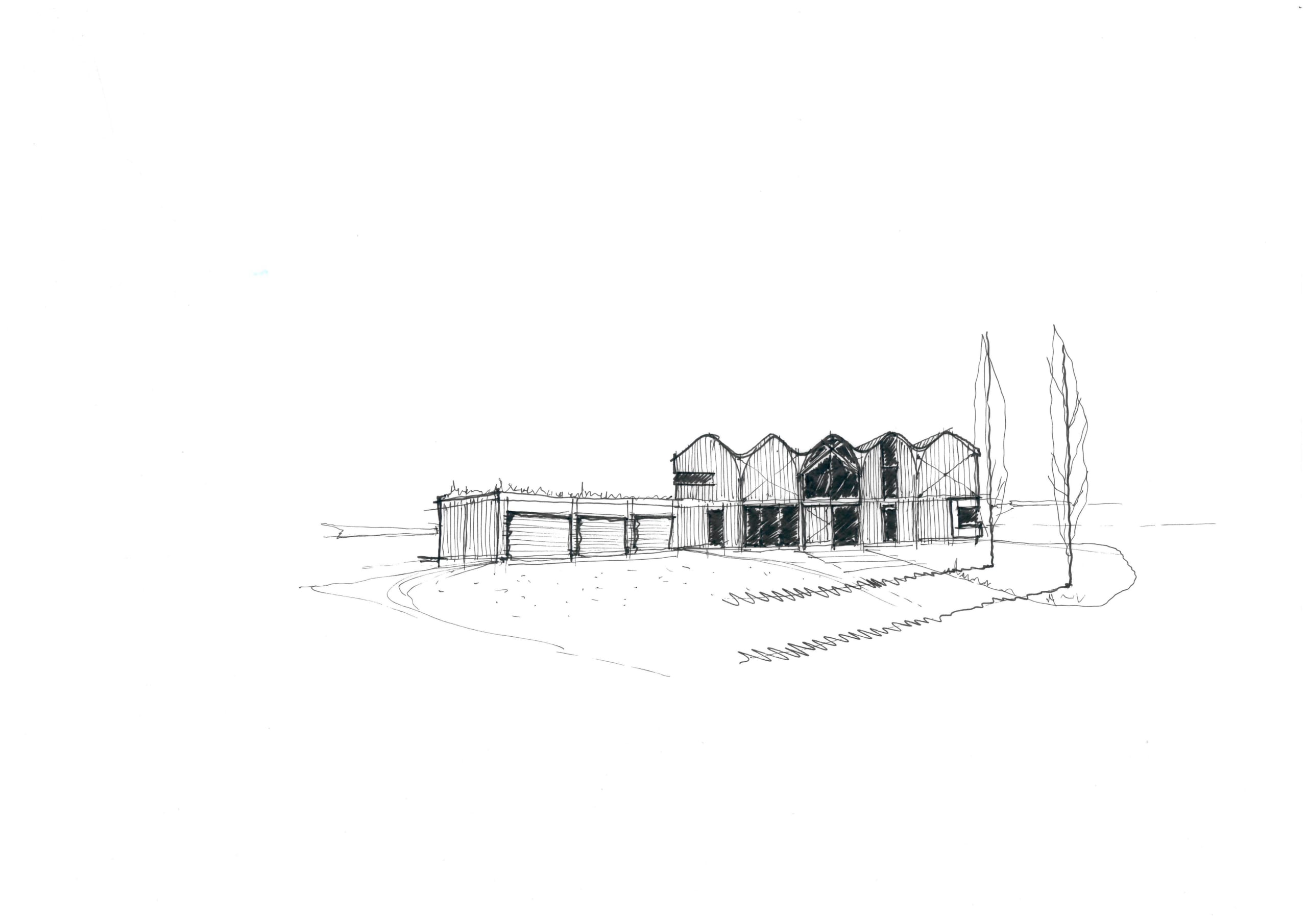Architectural sketch of modern barn-style building with multiple peaked roofs, vertical siding, and landscaped setting