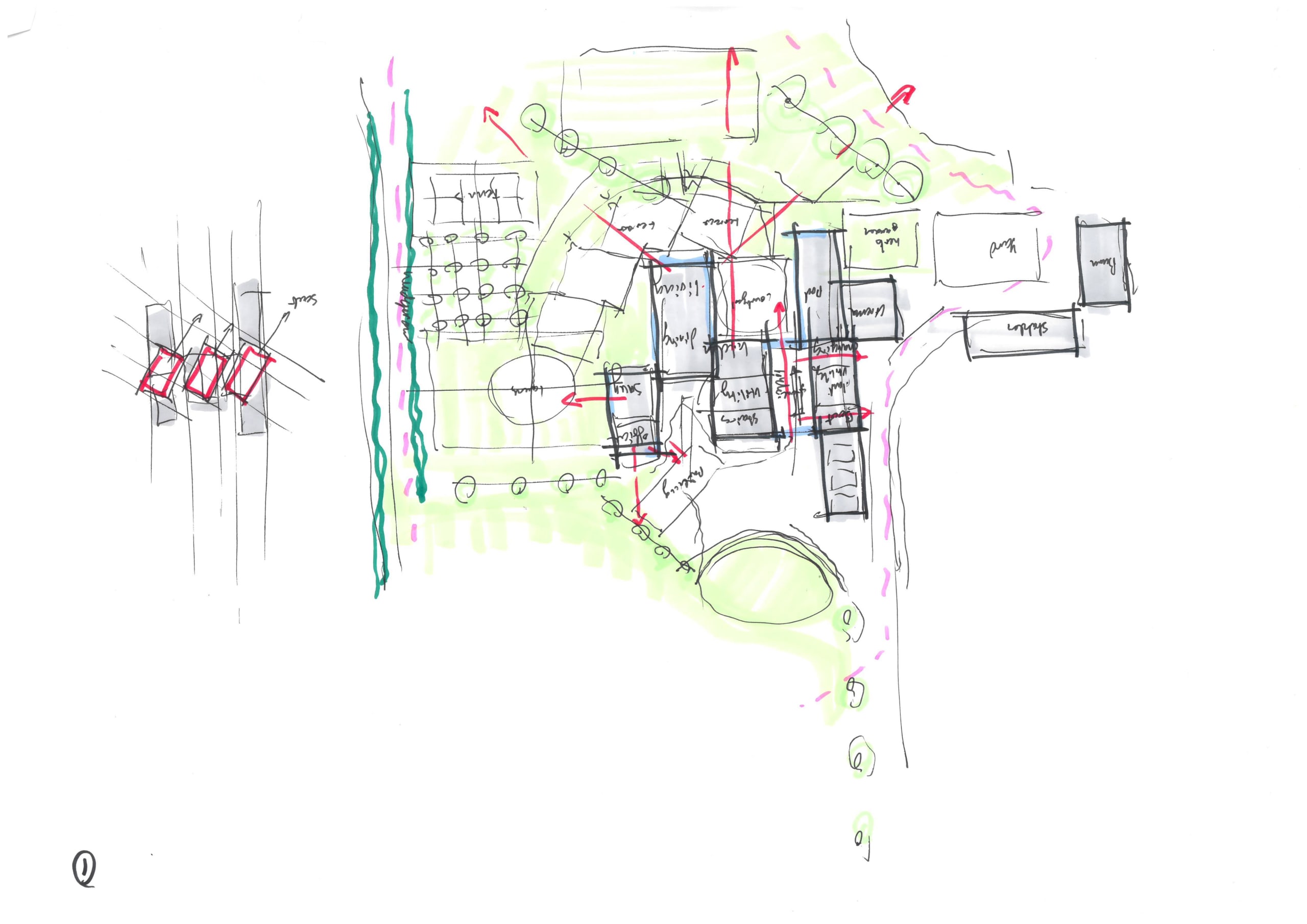 Architectural site plan sketch with building layouts, circulation arrows, landscaping zones, and spatial programming notes