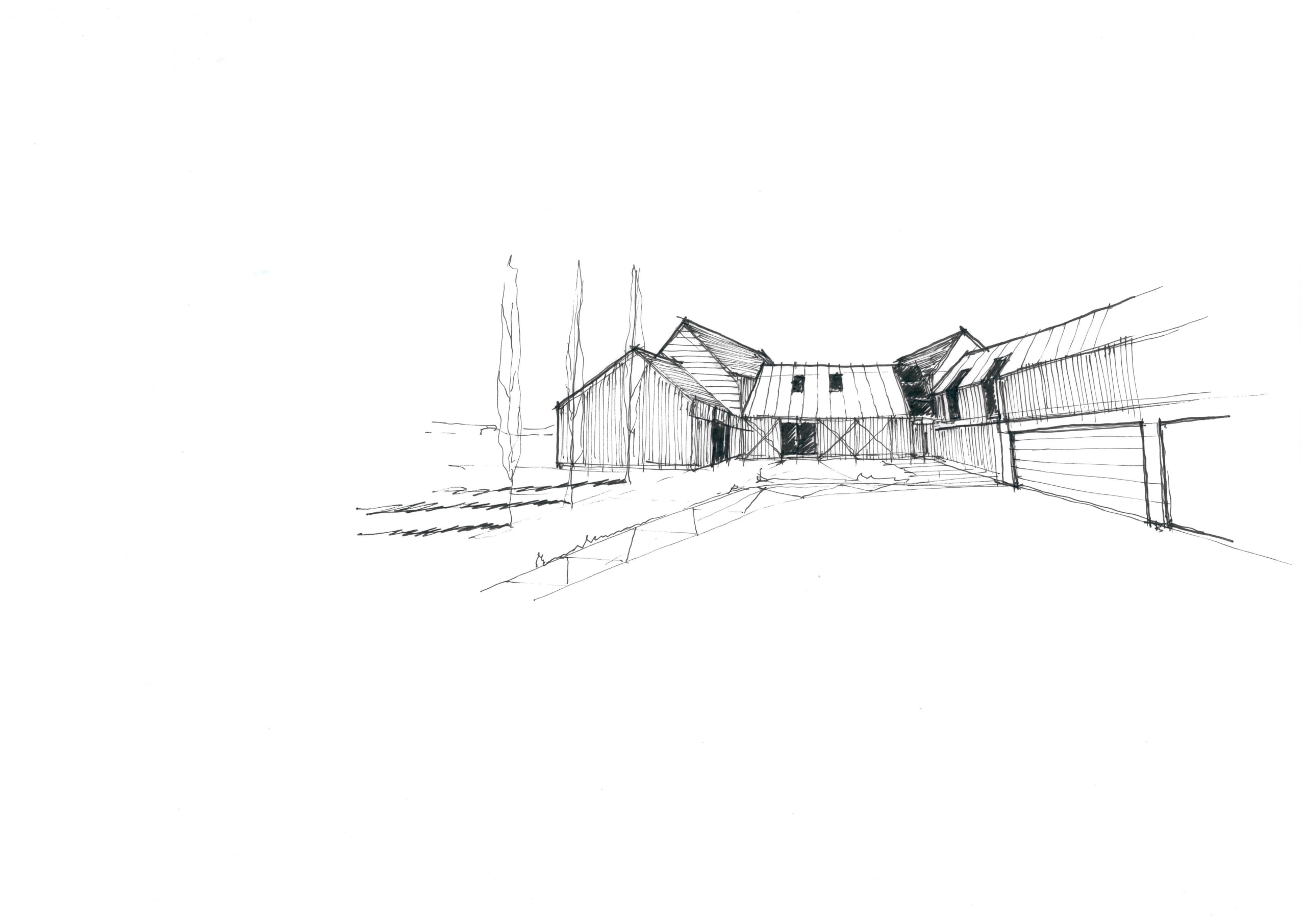 Architectural pen sketch of rural barn-style buildings with pitched roofs, vertical siding, and tall cypress trees