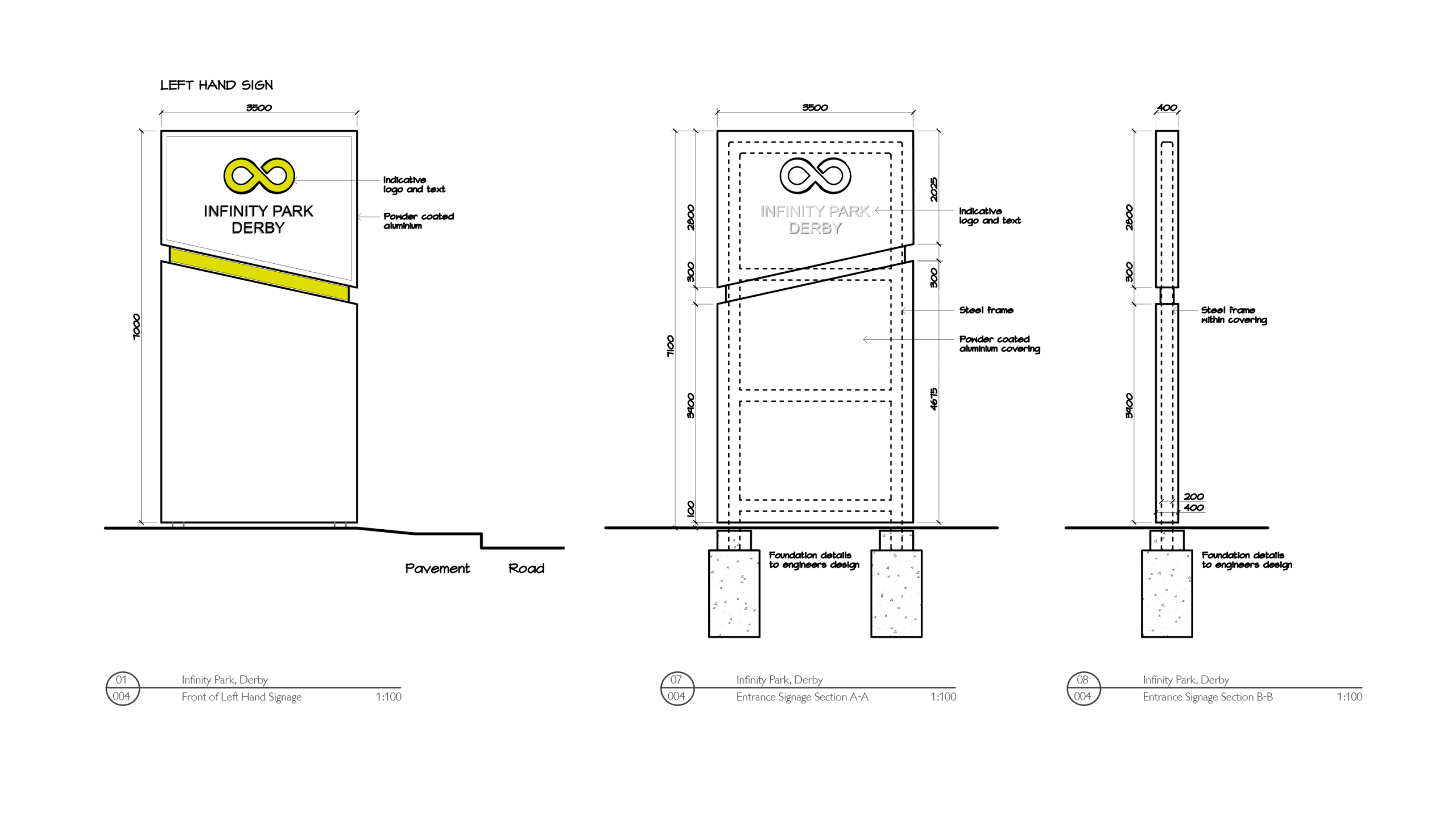 Technical drawing of Infinity Park Derby entrance signage showing front elevation and cross-sections with dimensions