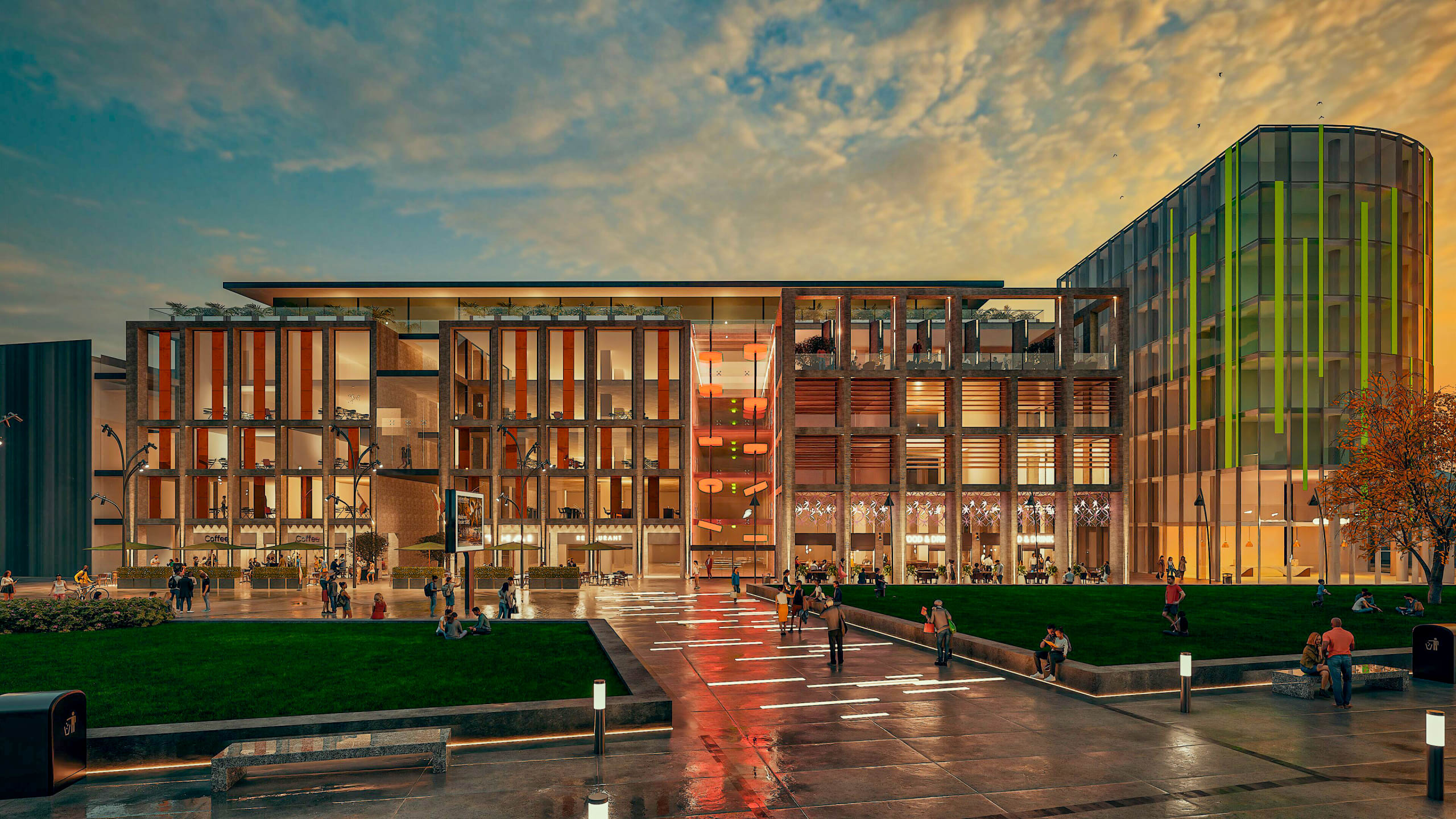 Modern mixed-use complex at dusk featuring glass facades, exposed concrete frames, rooftop terraces, and bustling public plaza
