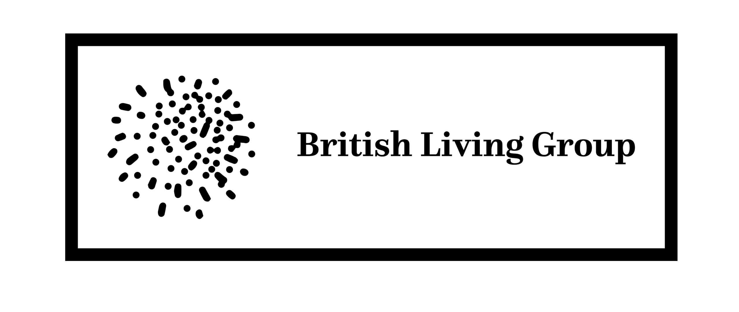 British Living Group logo with a circular cluster of black dots beside serif wordmark, framed by a black border