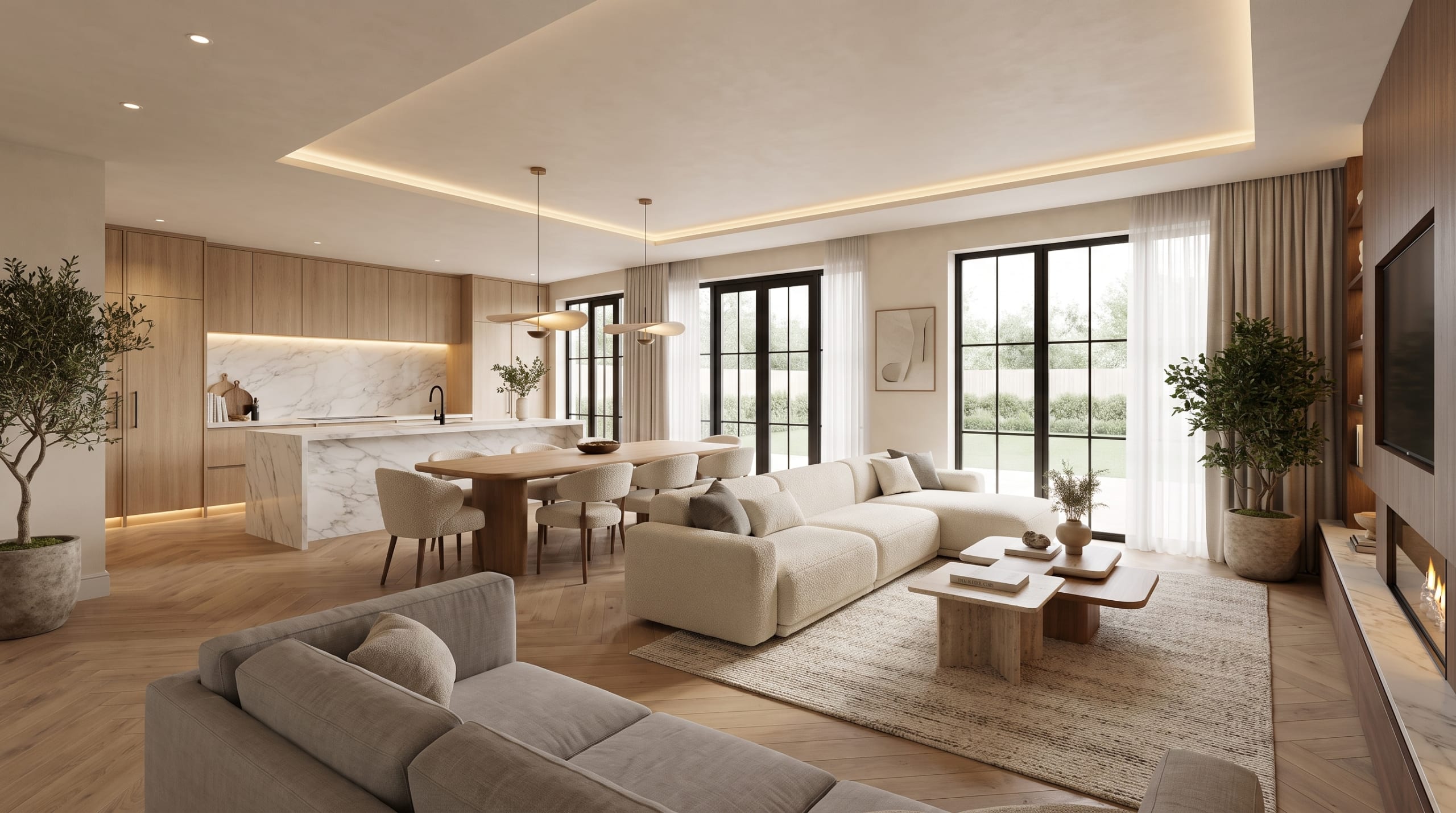 Visualisation of the open-plan kitchen, dining and living space with a marble island and garden doors