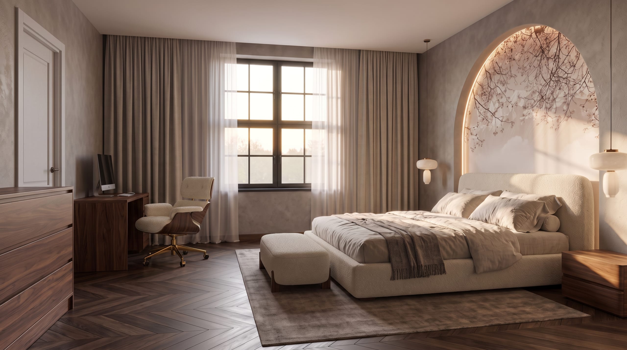 Visualisation of a bedroom with an arched blossom mural, herringbone floor and a desk by the window