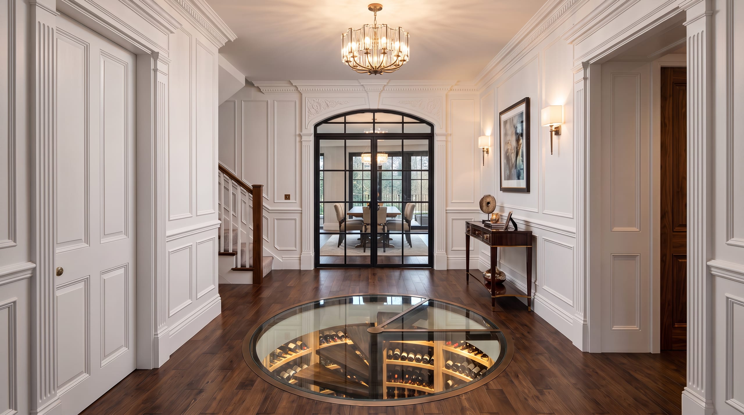 Visualisation of the panelled entrance hall with a chandelier and a round glass floor panel over the wine cellar