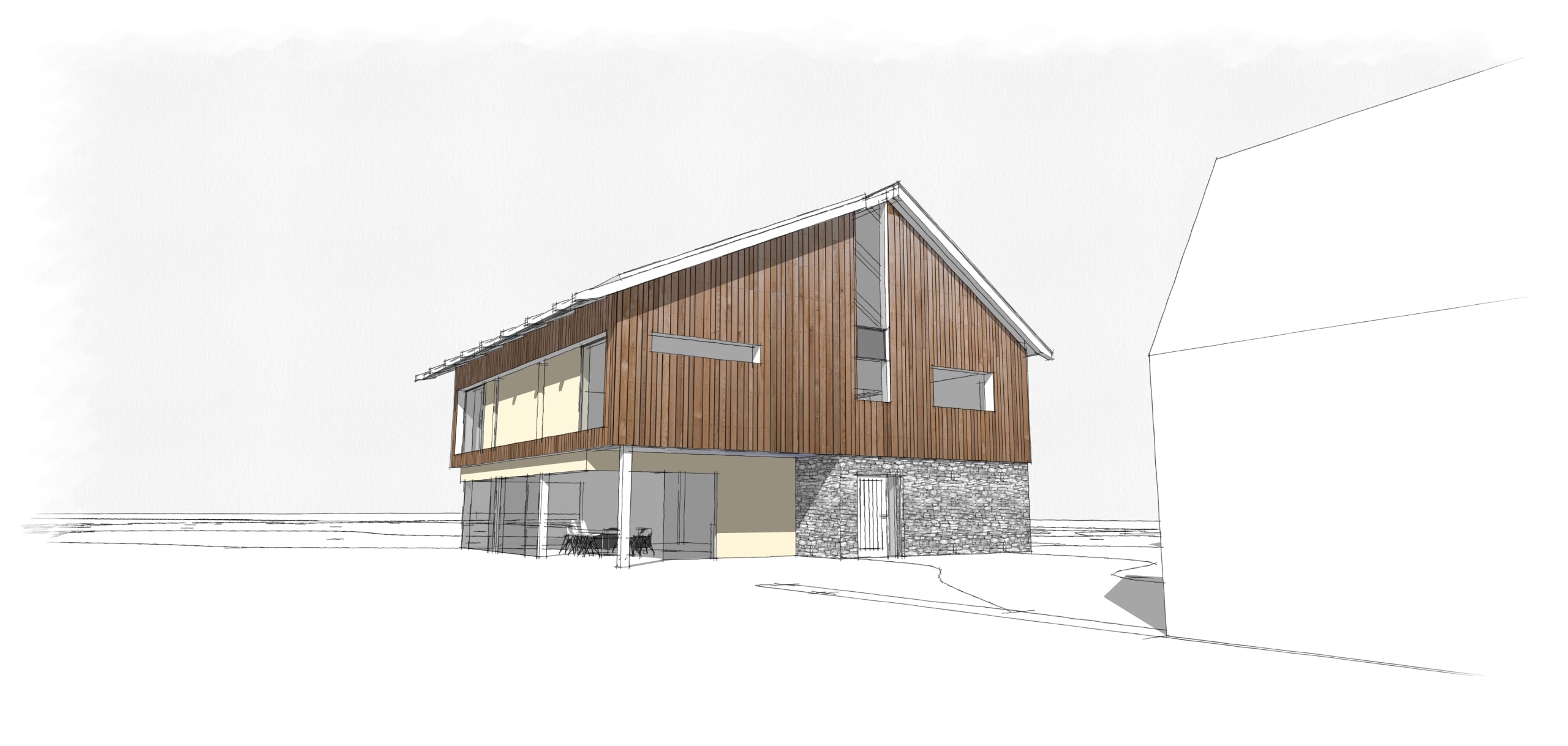 Modern two-story house rendering with vertical timber cladding, stone base, large windows, and asymmetrical gabled roof