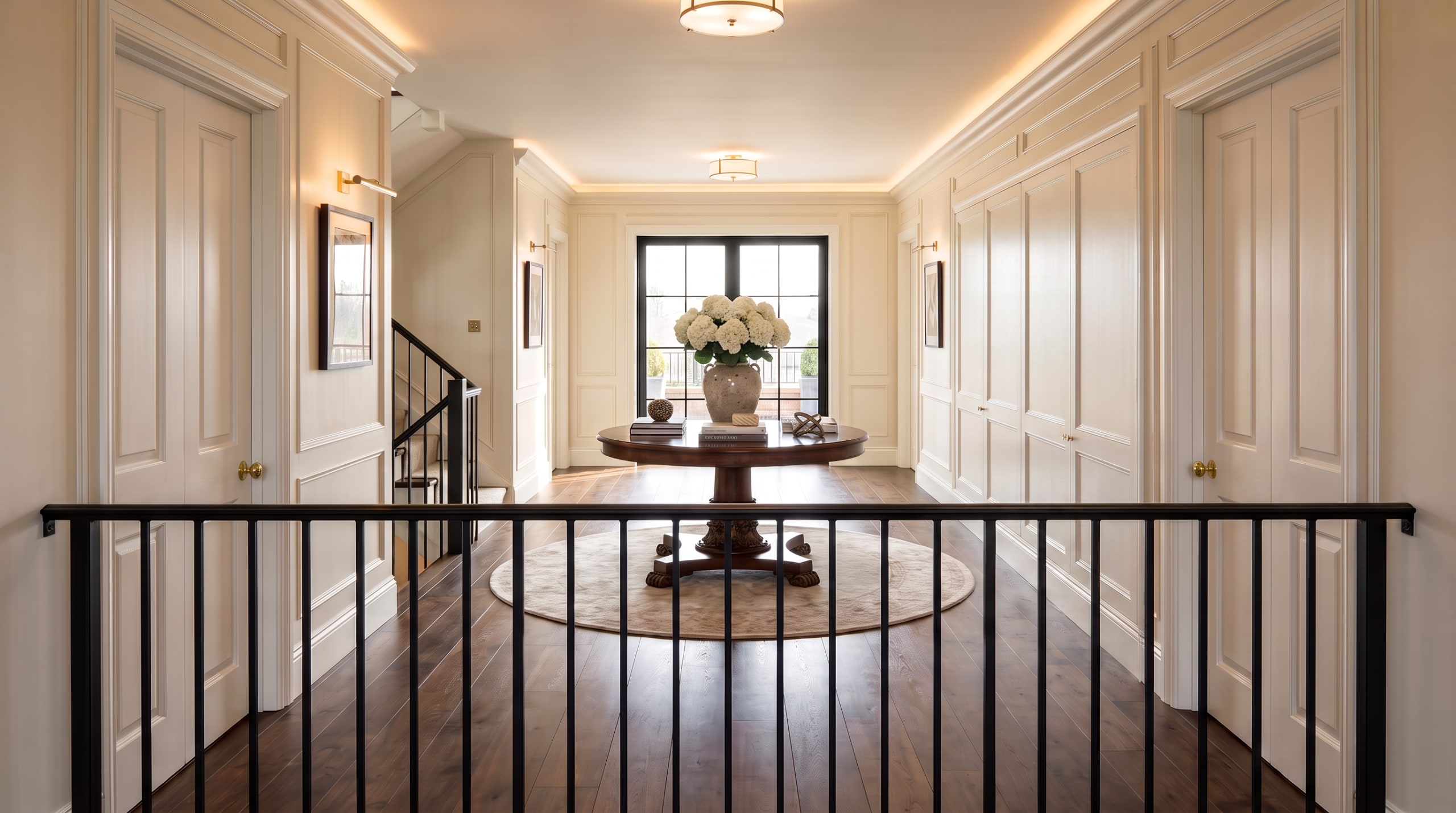 Visualisation of the galleried landing with panelled walls and a round hall table