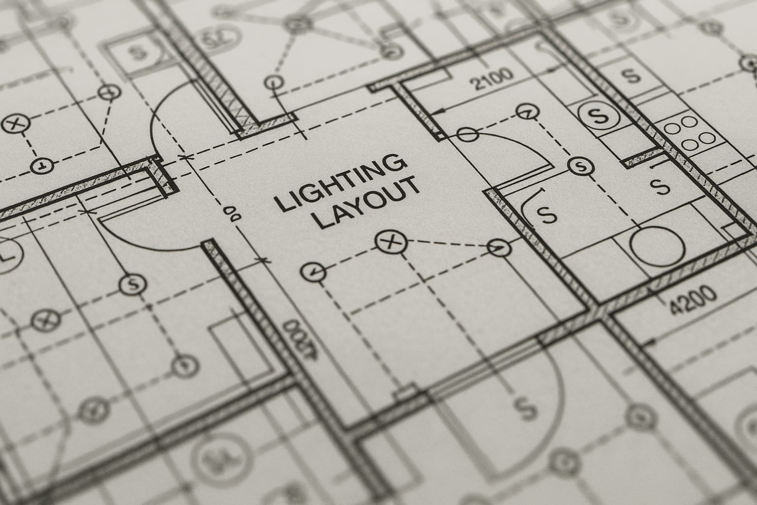 Architectural blueprint showing detailed lighting layout plan with electrical symbols, switch locations, and room dimensions