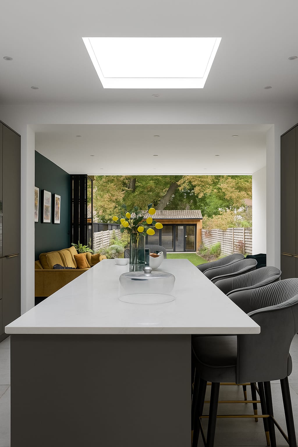 Modern open-plan kitchen with white island, grey bar stools, skylight, and view to garden with outbuilding through large window