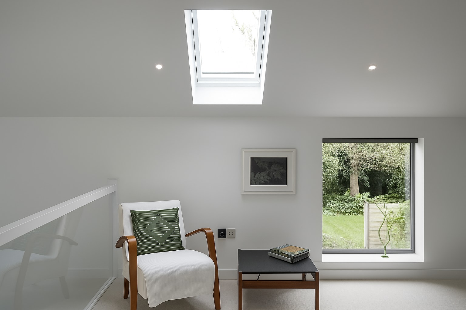 Minimalist loft reading nook with white armchair, green cushion, skylight, and large window overlooking garden