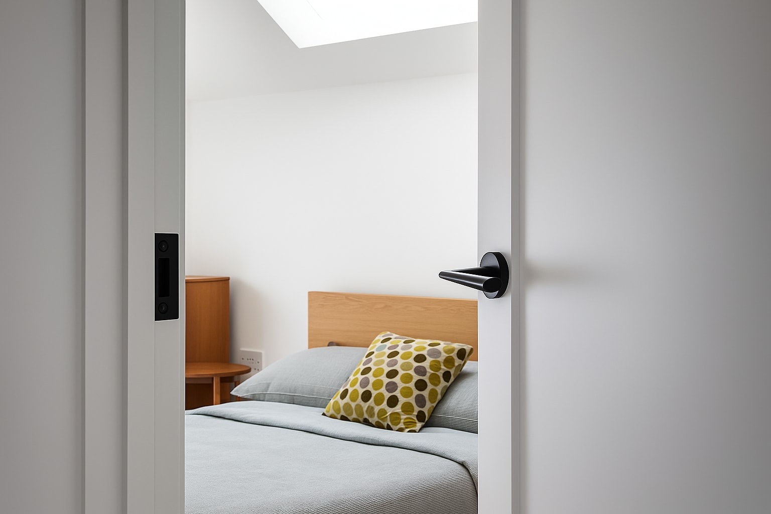 Modern bedroom viewed through doorway featuring oak headboard, grey bedding, polka dot accent pillow, and skylight above