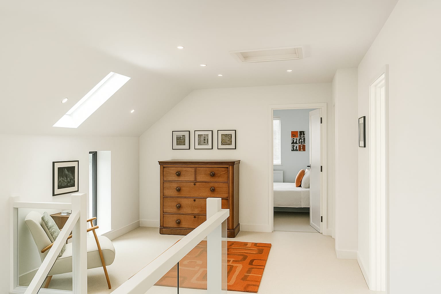 Bright attic landing with skylight, wooden chest of drawers, white stair railings, and view into bedroom with orange accents
