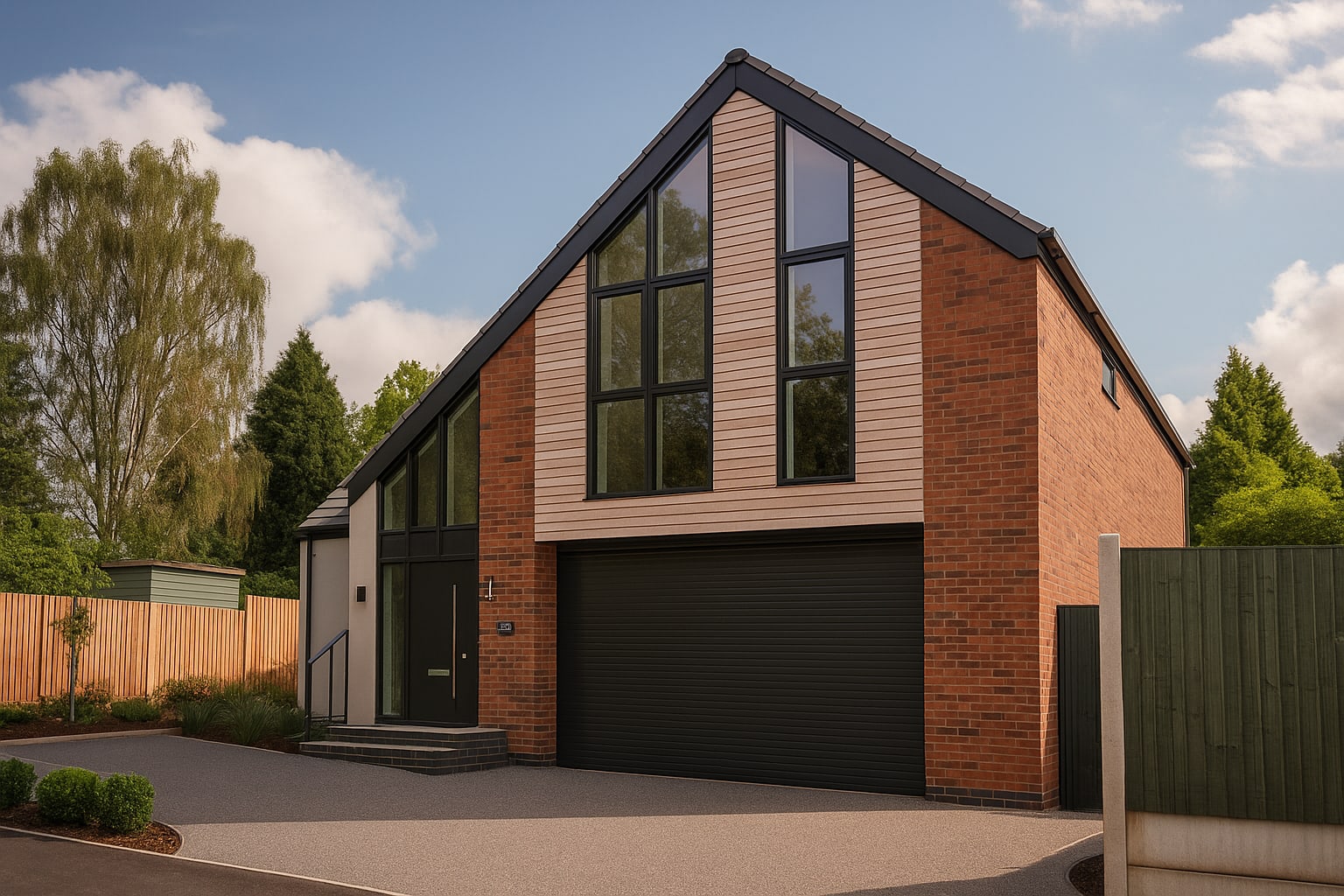 Modern two-storey home with red brick and timber cladding, large gable windows, black garage door, and landscaped driveway