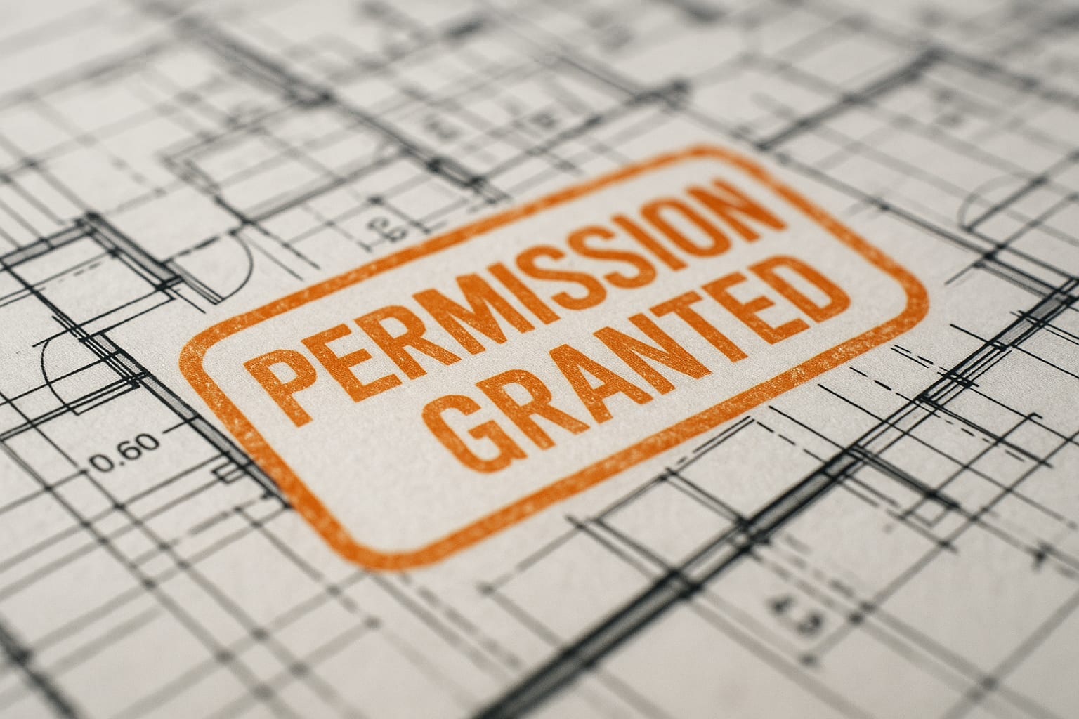 Orange 'Permission Granted' stamp on architectural blueprint floor plans with measurements