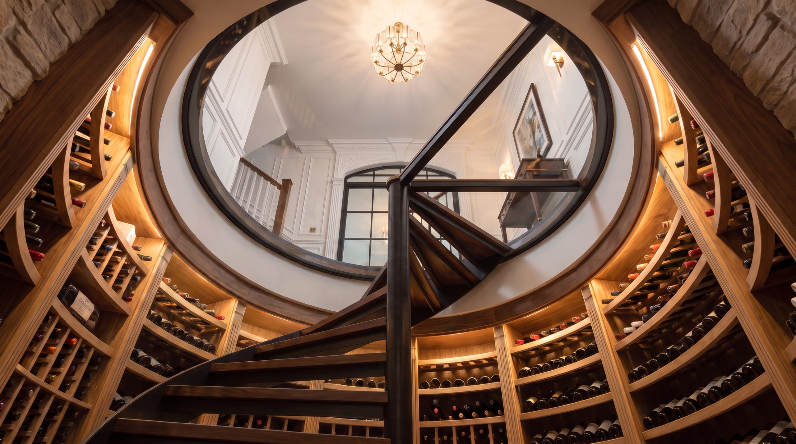 Visualisation looking up from the circular wine cellar through the spiral stair to the hall