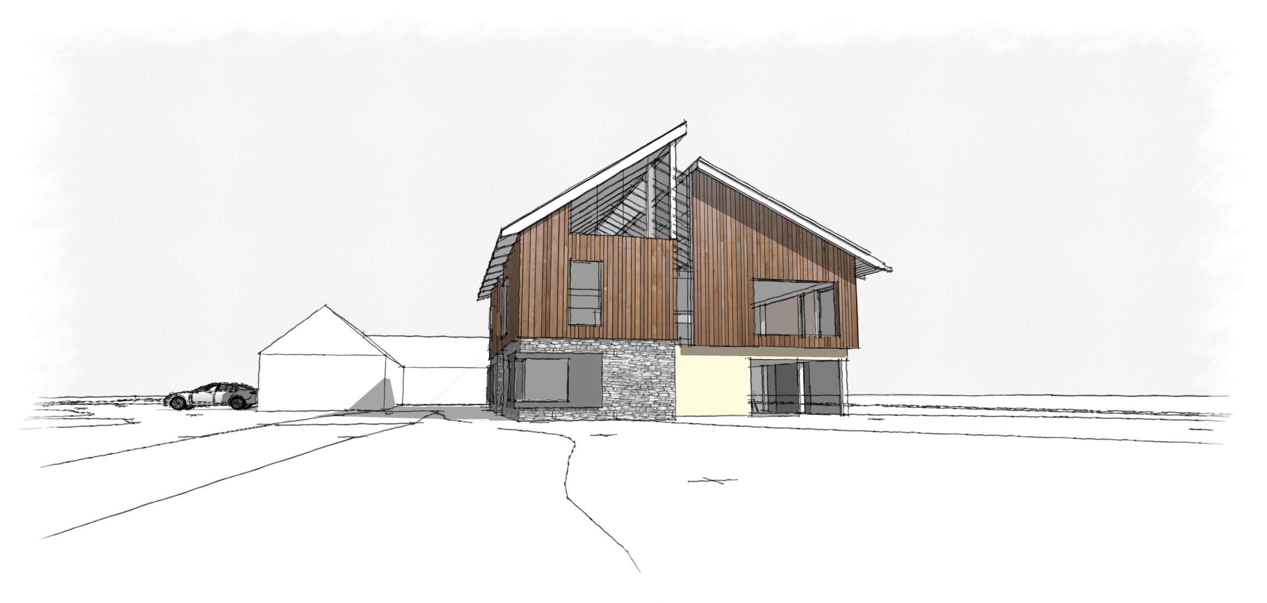 Modern two-story home design with timber cladding upper level, stone base, asymmetric roof and glazed gable feature