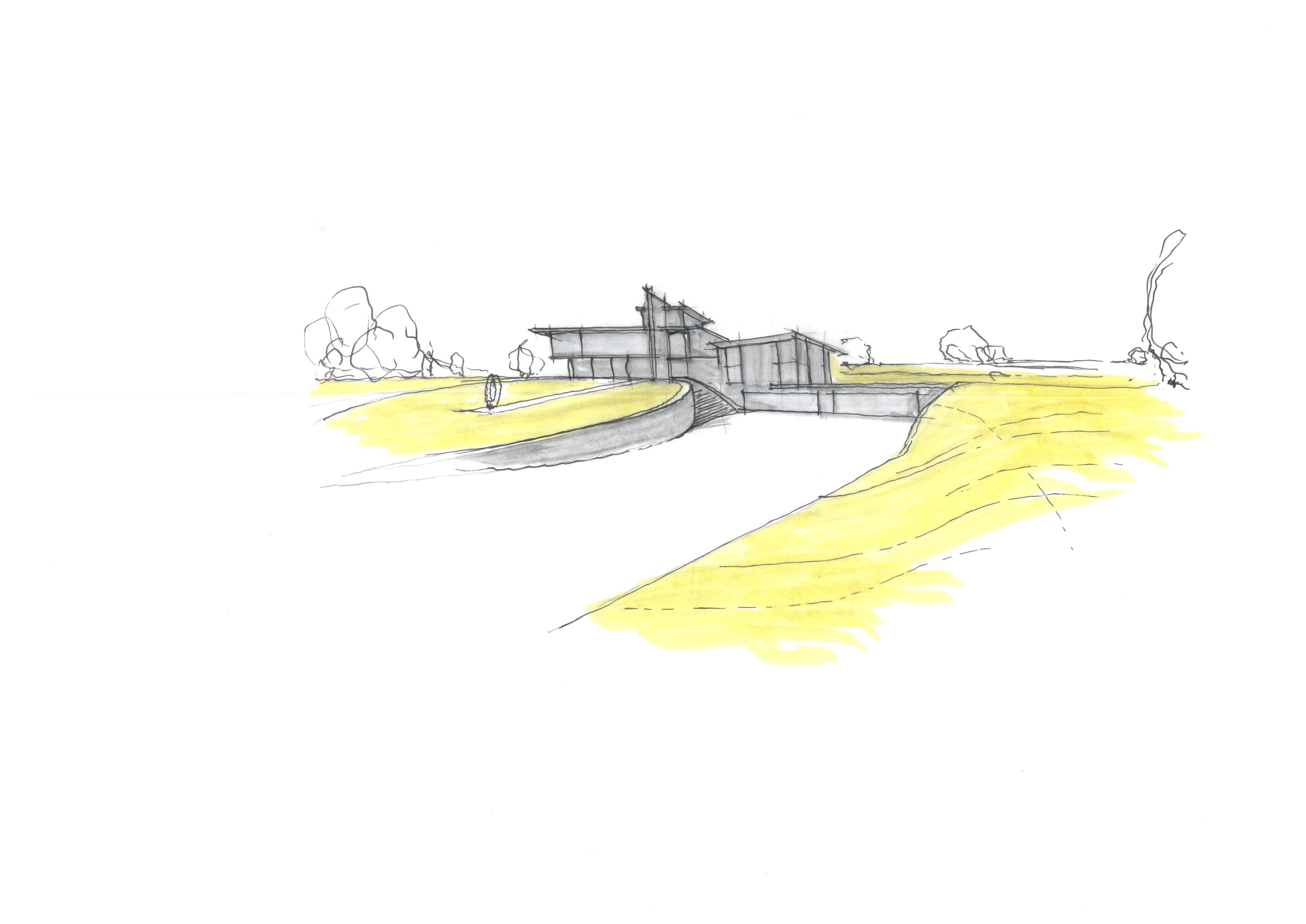 Concept sketch of a low-slung house with angled rooflines set into a curving hillside site