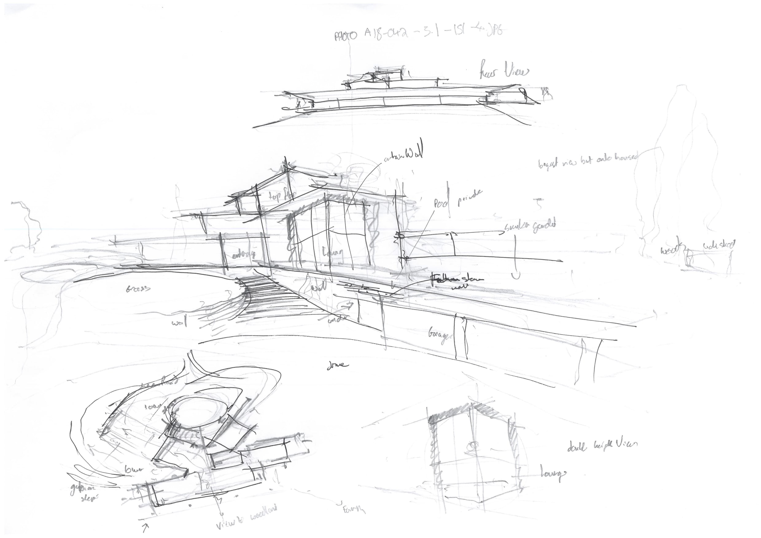 Hand-drawn architectural sketch with rear elevation, perspective view, and site plan of a flat-roofed residence with pool