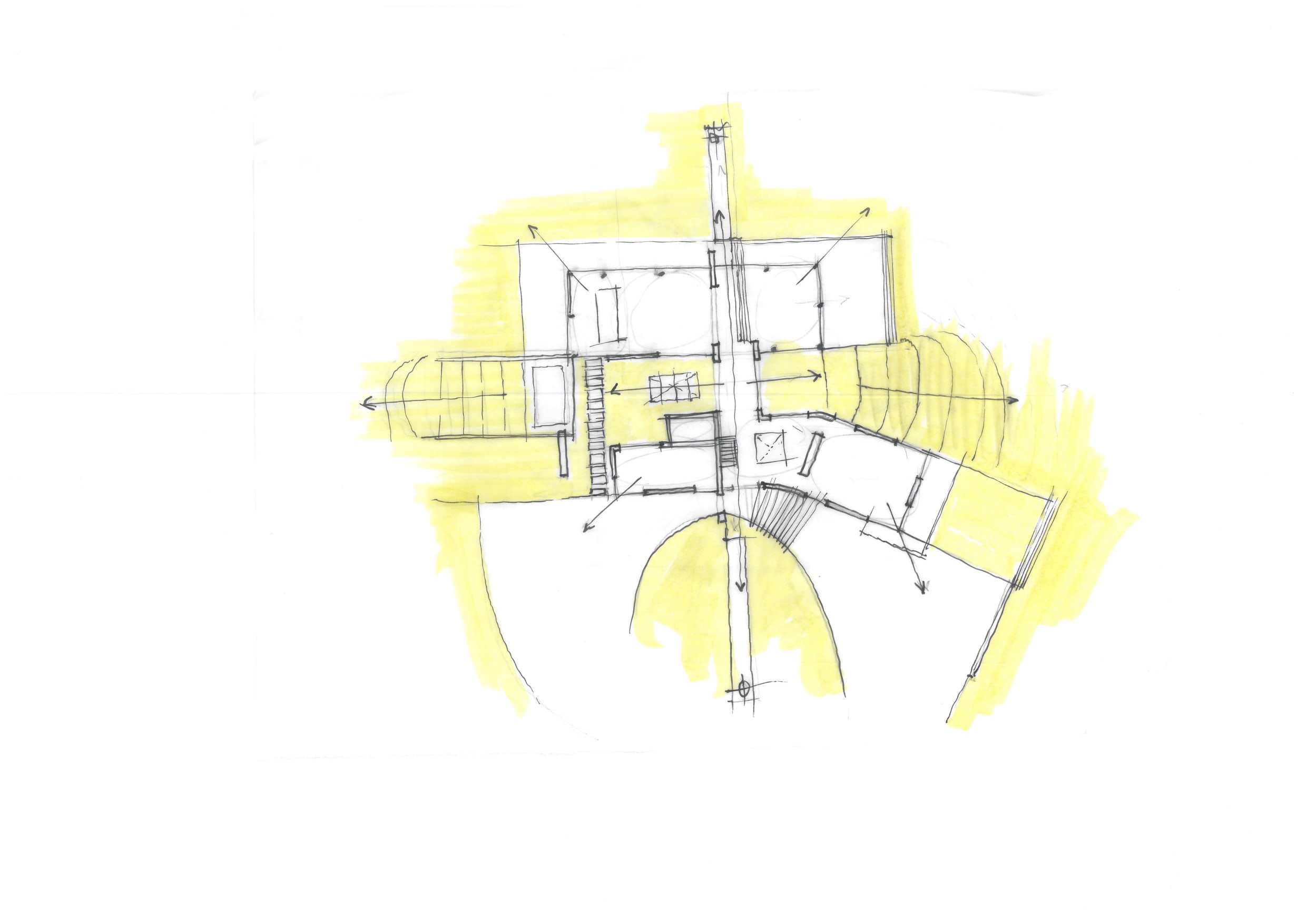 Hand-drawn architectural floor plan sketch with radiating wings and yellow highlighter marking building massing