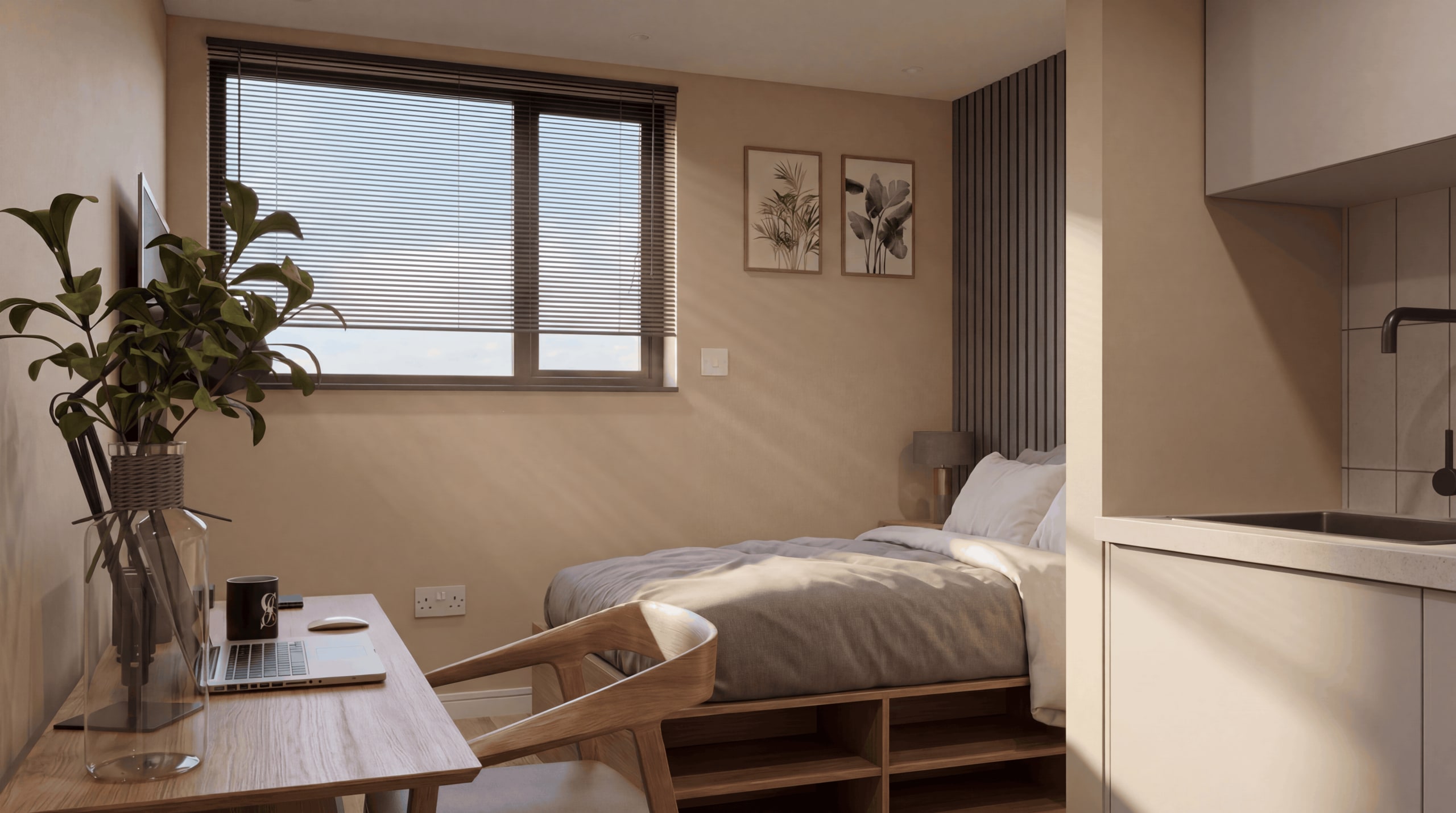 Illustrative visual of a proposed studio at Charnwood House, with a window and blinds, a double bed, a desk and chair, and the edge of the kitchenette. Proposed design, not built.