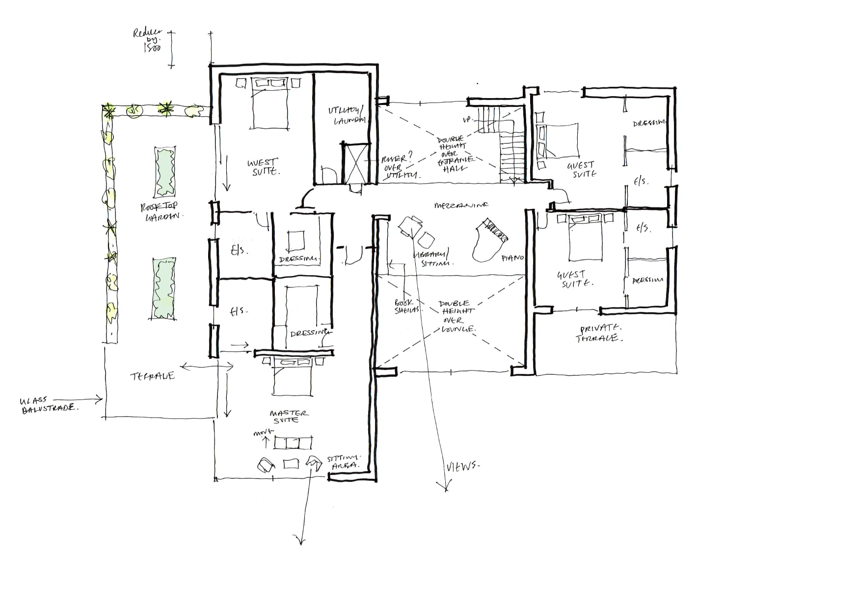Hand-drawn architectural floor plan sketch showing master suite, guest suites, mezzanine lounge, and rooftop garden layout