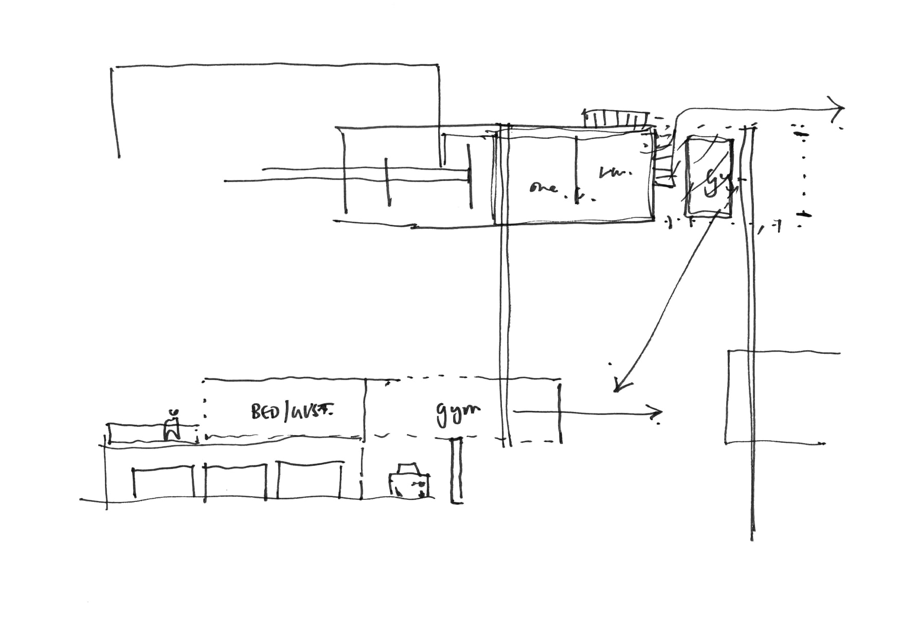 Hand-drawn architectural sketch showing sectional massing with labeled bedroom, gym, and living spaces