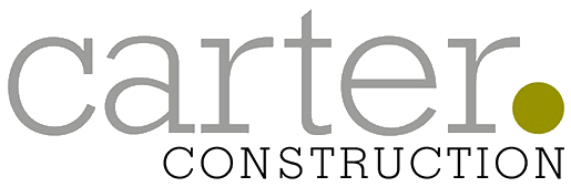 Carter Construction company logo with gray text and olive green dot accent