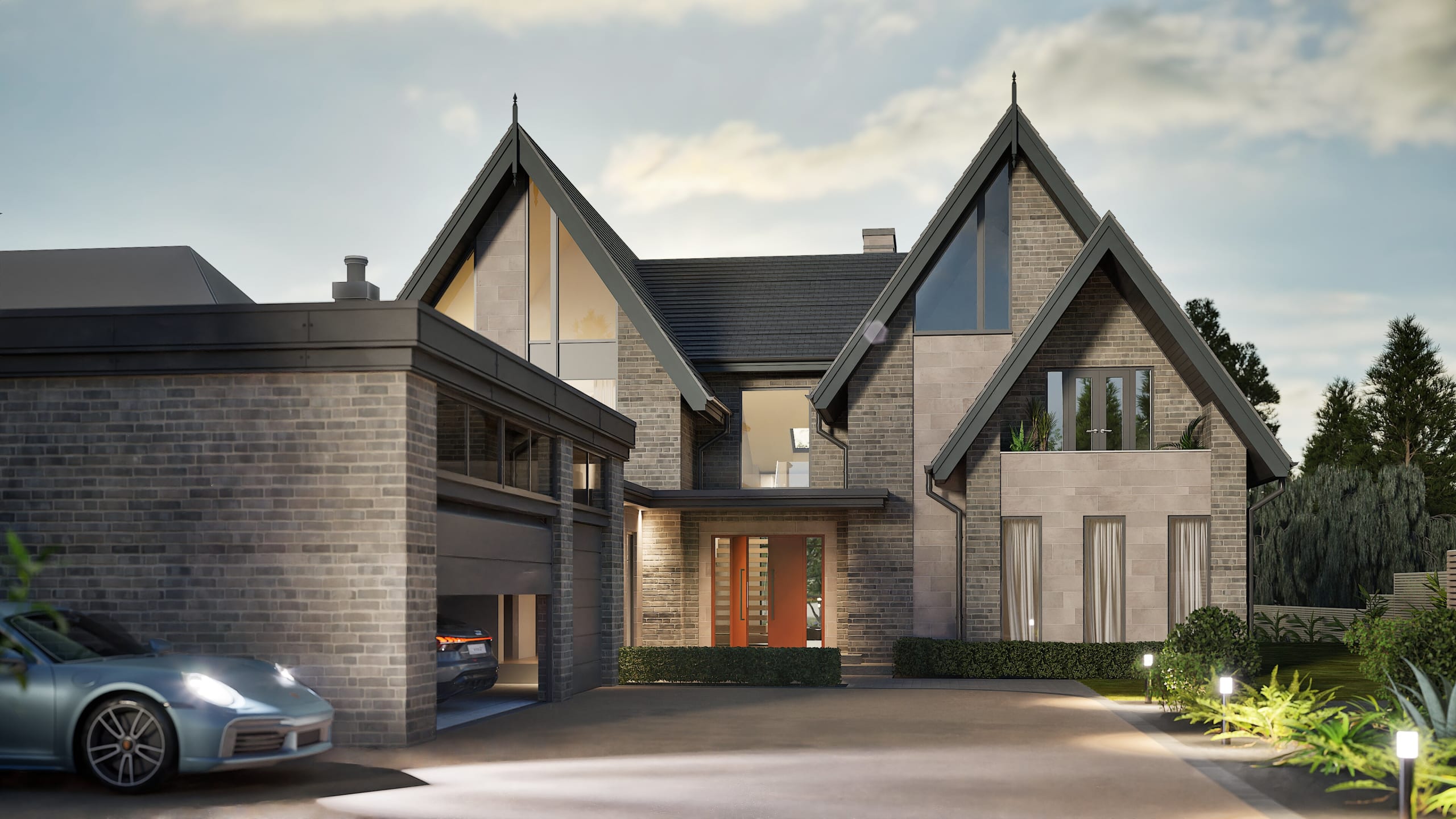 Modern luxury home with steep gabled roofs, stone and brick facade, large windows, and attached garage with Porsche
