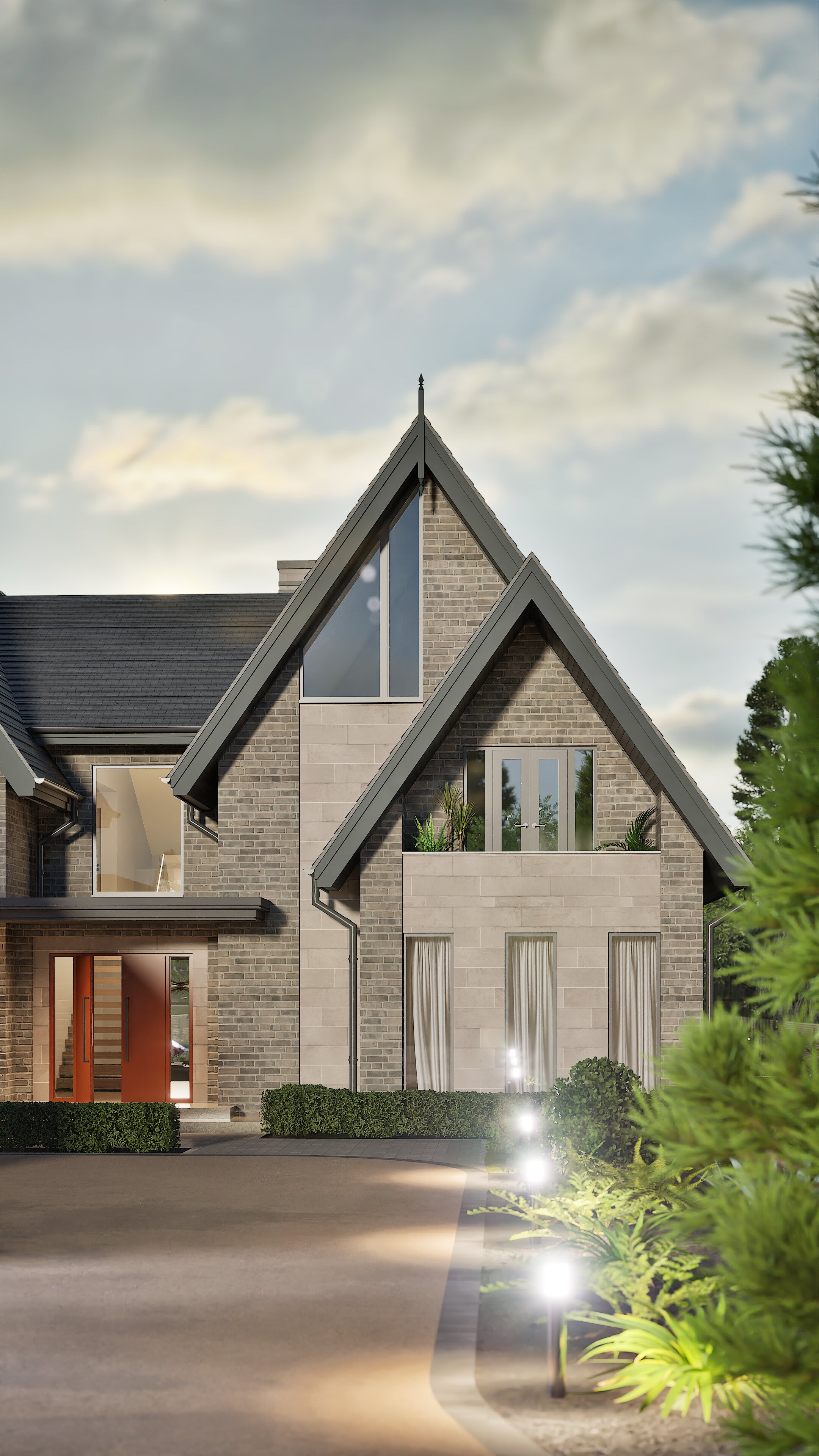 Modern two-storey brick home with steep gabled roof, large windows, upper balcony with plants, and striking orange front door