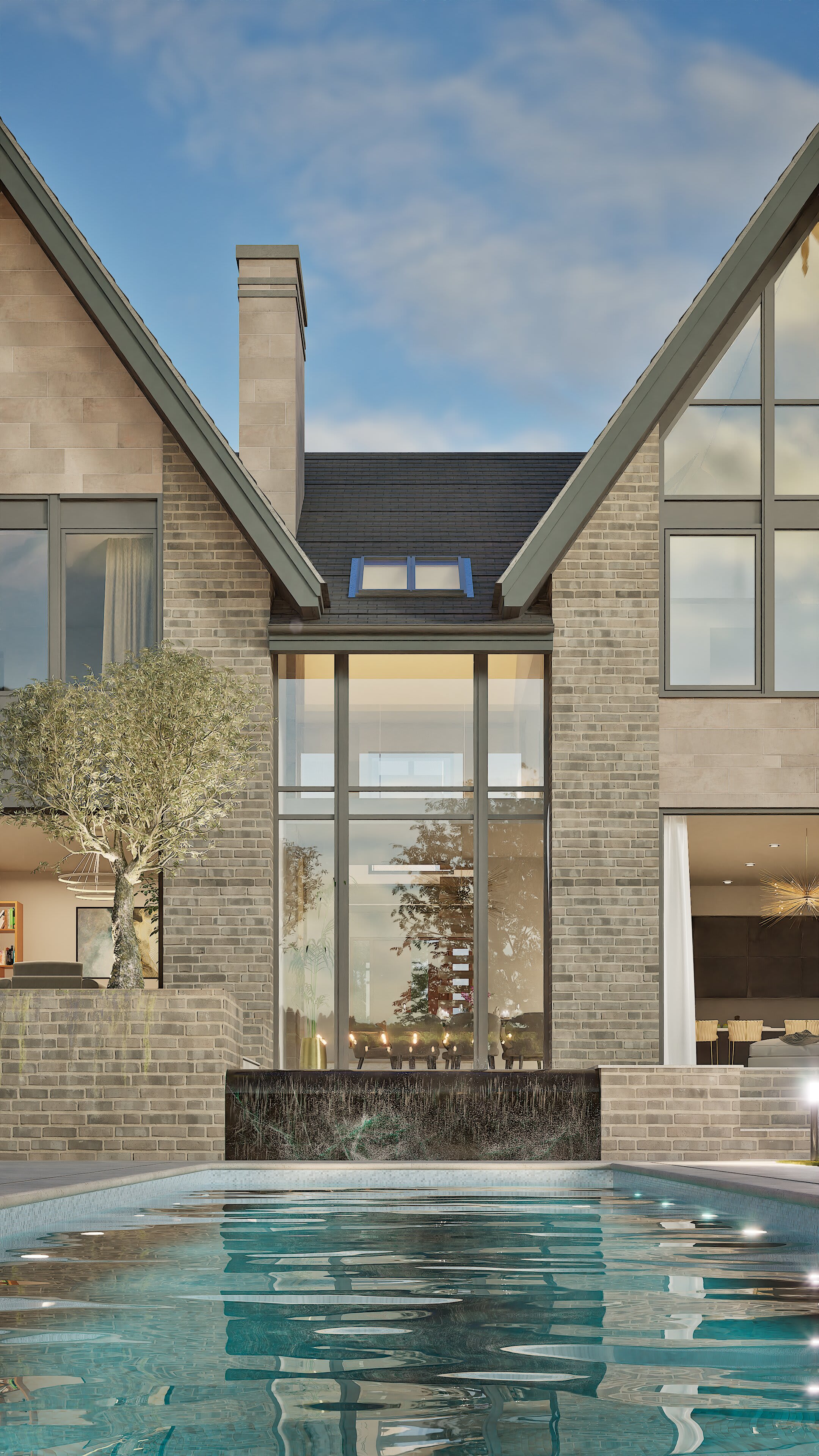 Modern brick residence with steep gabled roofs, floor-to-ceiling windows, and an illuminated swimming pool at dusk