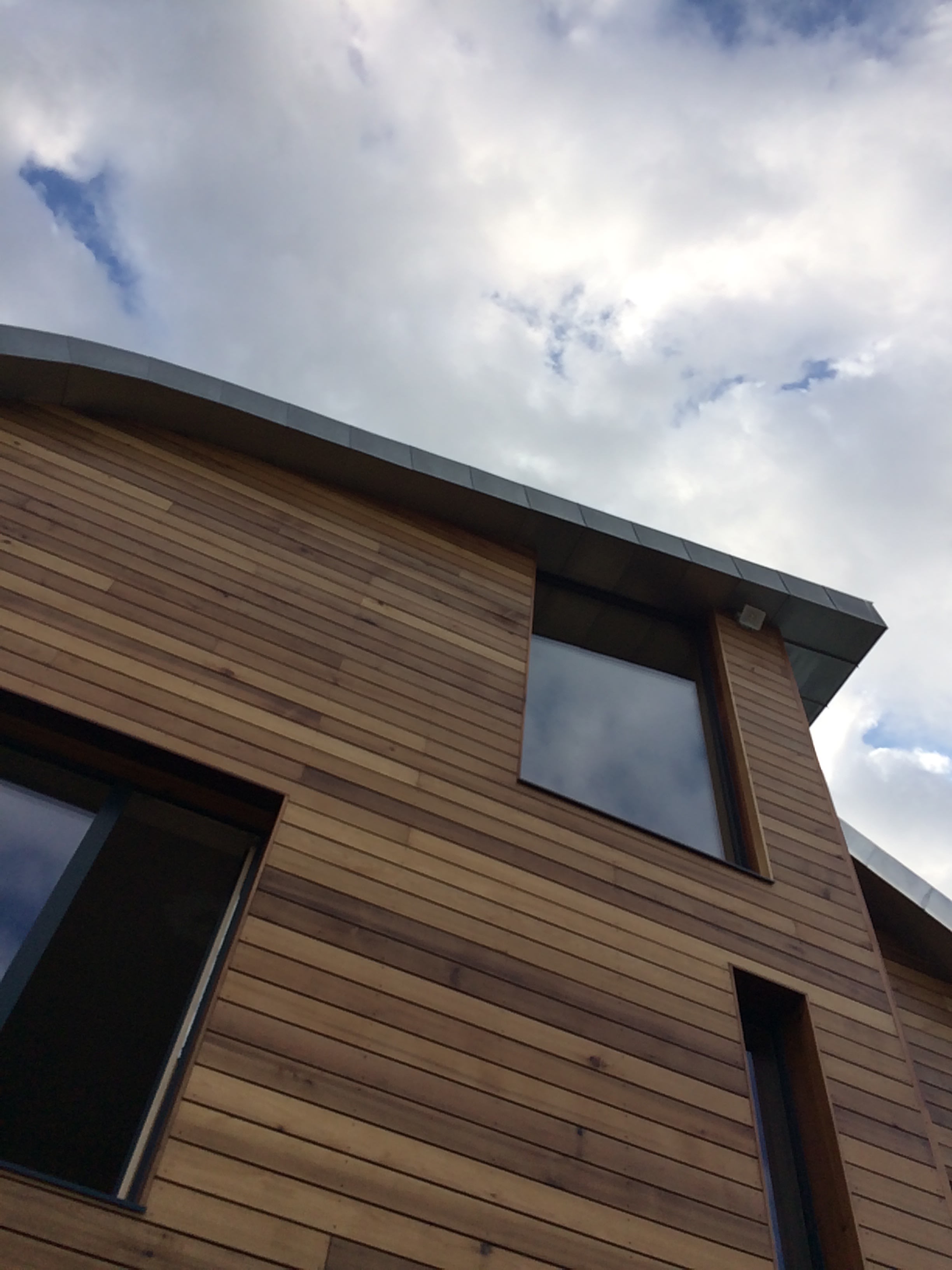 Modern building exterior with horizontal wood cladding, large windows, and curved zinc roof against cloudy sky