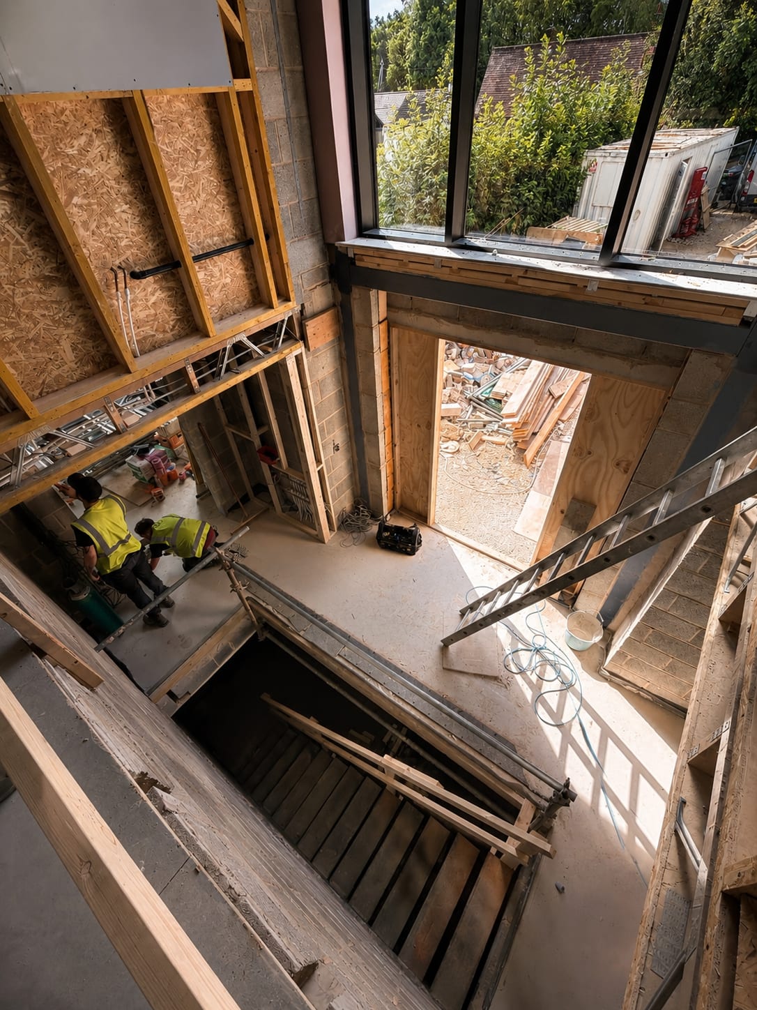 Workers inside the unfinished house below a double-height glazed wall