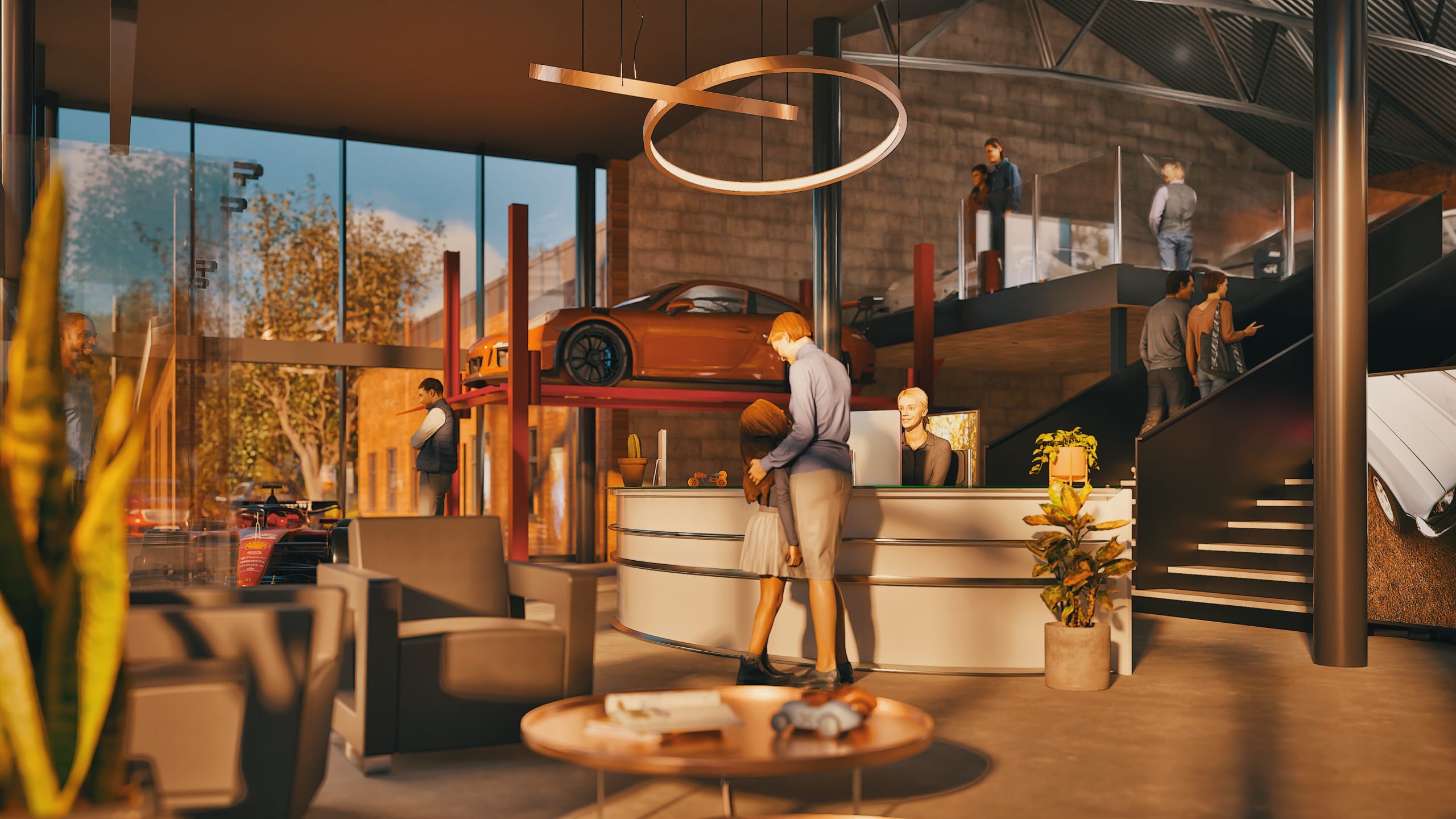 Modern luxury car showroom interior with elevated vehicle display, reception desk, lounge seating, and customers on staircase