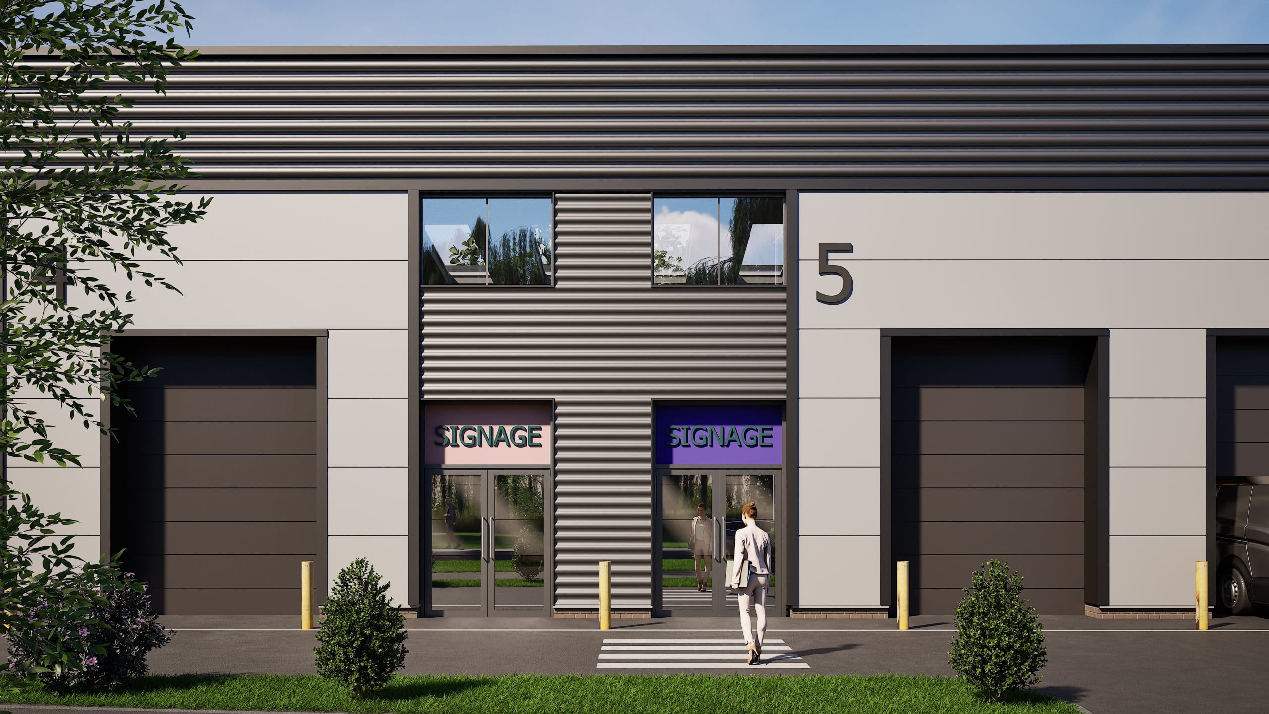 Modern industrial building facade with corrugated metal cladding, large roller doors, glass entrances, and unit number 5