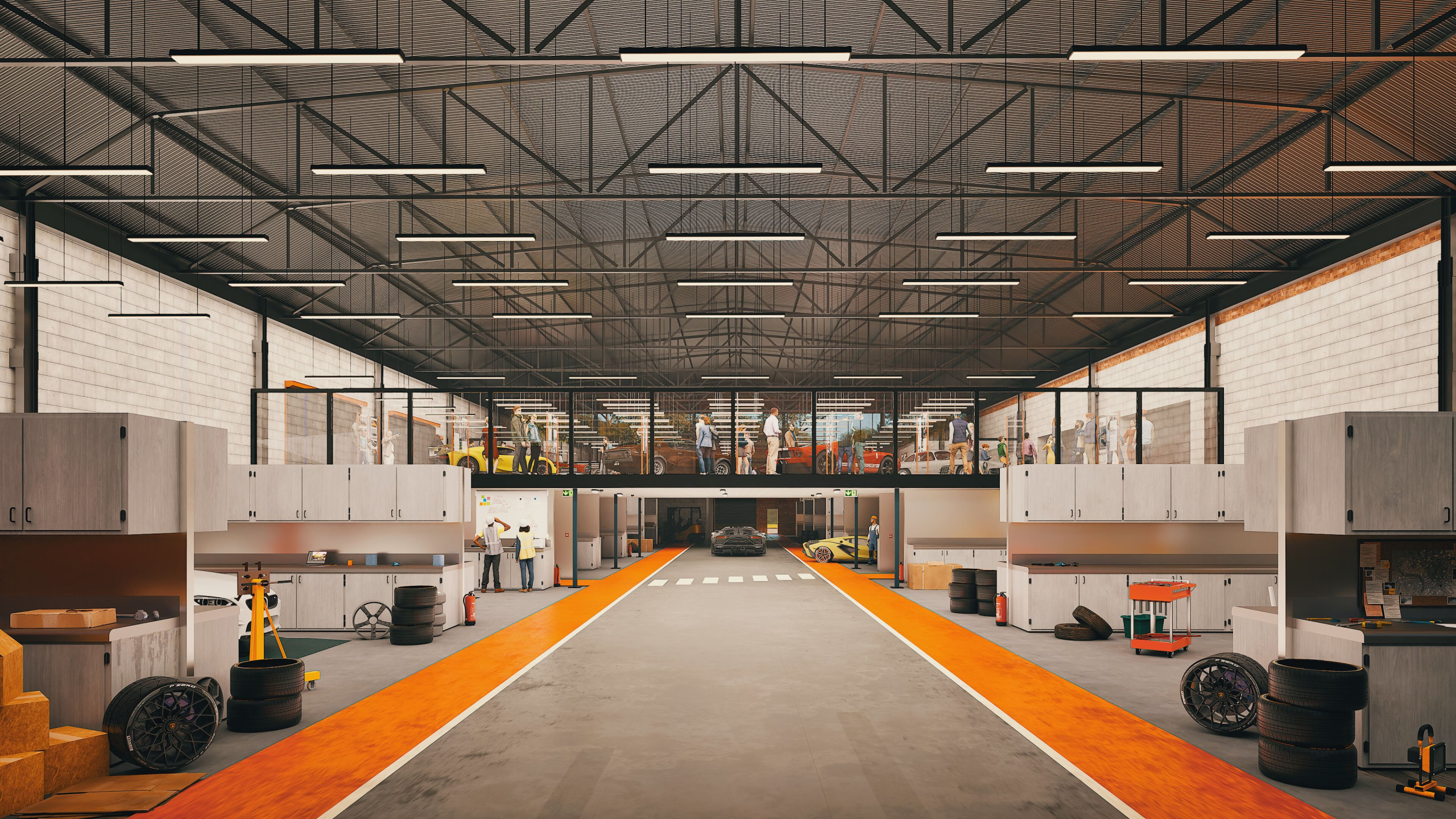 Modern automotive service facility interior with exposed steel trusses, work bays, tire storage, and elevated viewing gallery