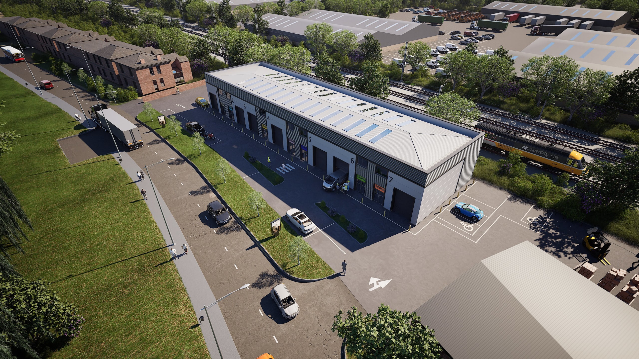 Aerial rendering of modern industrial warehouse units with skylights, parking areas, adjacent to railway and residential buildings