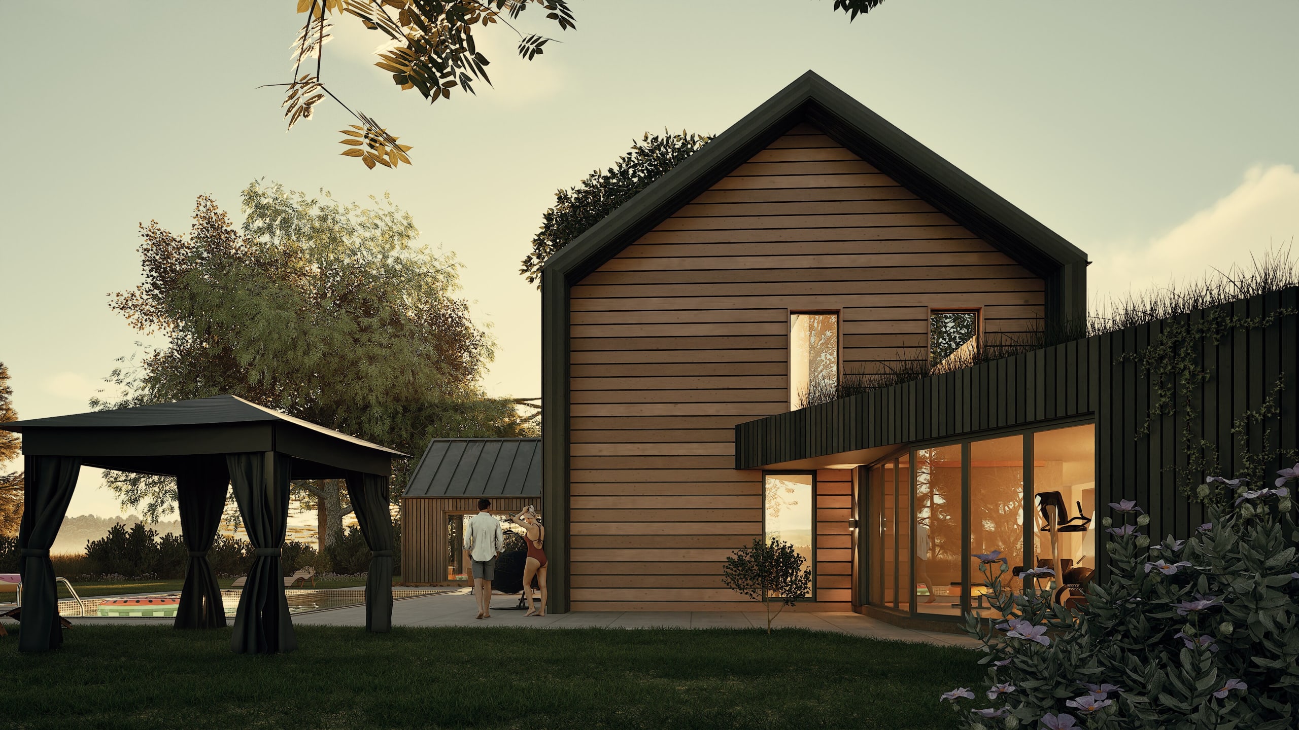 Modern barn-style home with horizontal wood siding, covered patio, pool area with gazebo, and landscaped garden at dusk