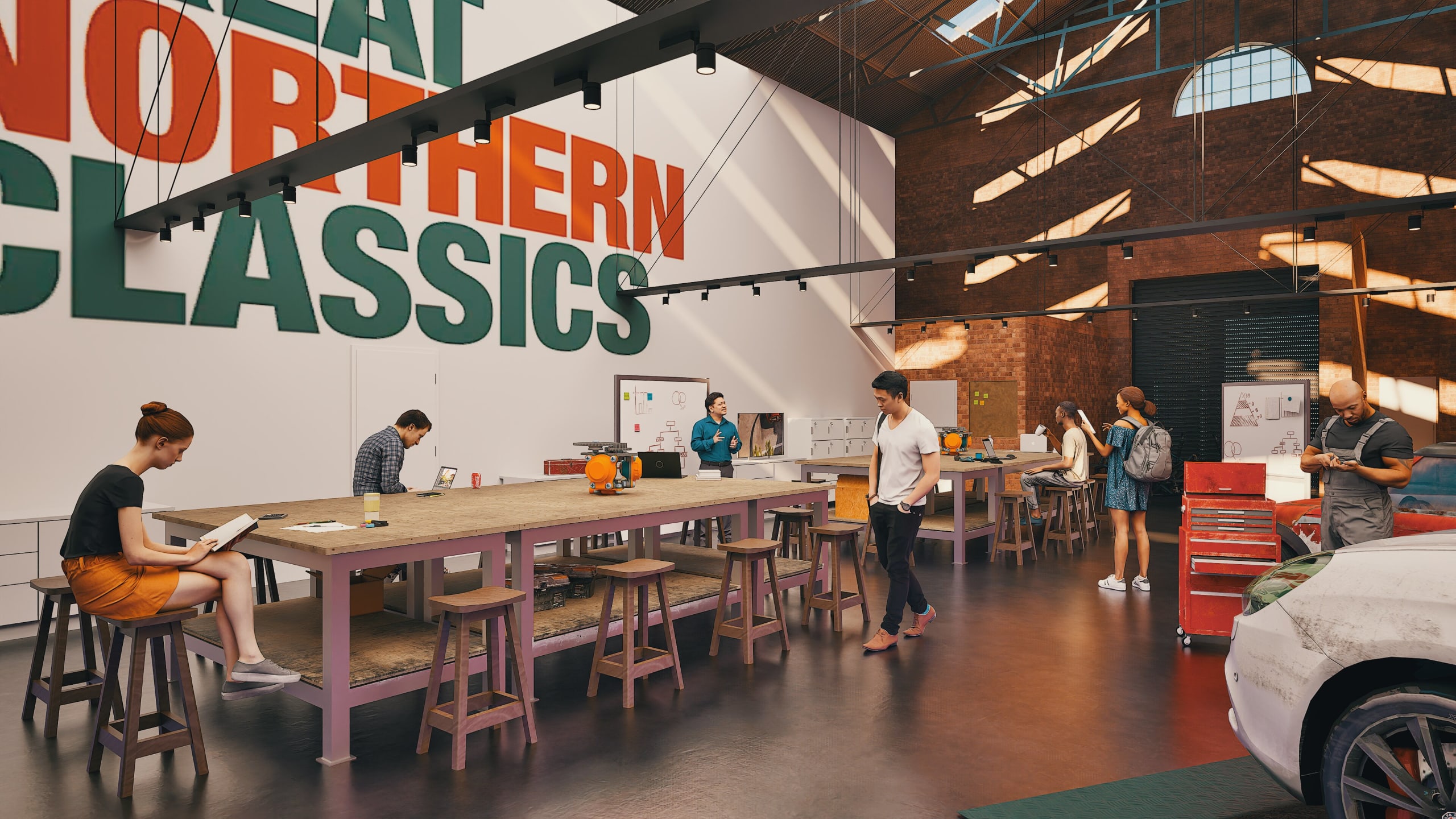 Modern industrial coworking space with exposed brick, large worktables, and people collaborating beneath Great Northern Classics signage