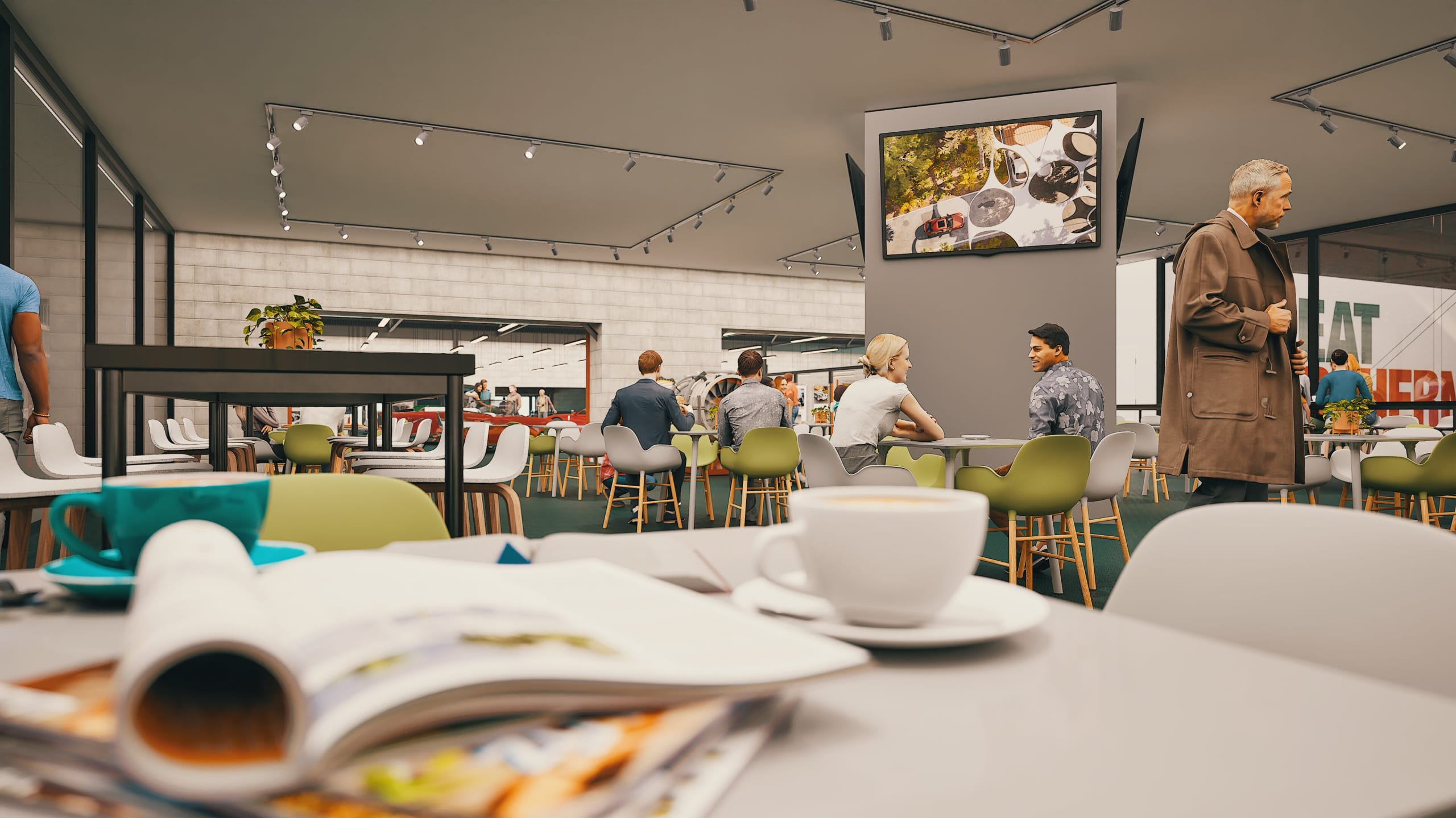 Modern cafeteria interior with patrons at tables, coffee cups, magazines, green and white seating, and overhead string lights