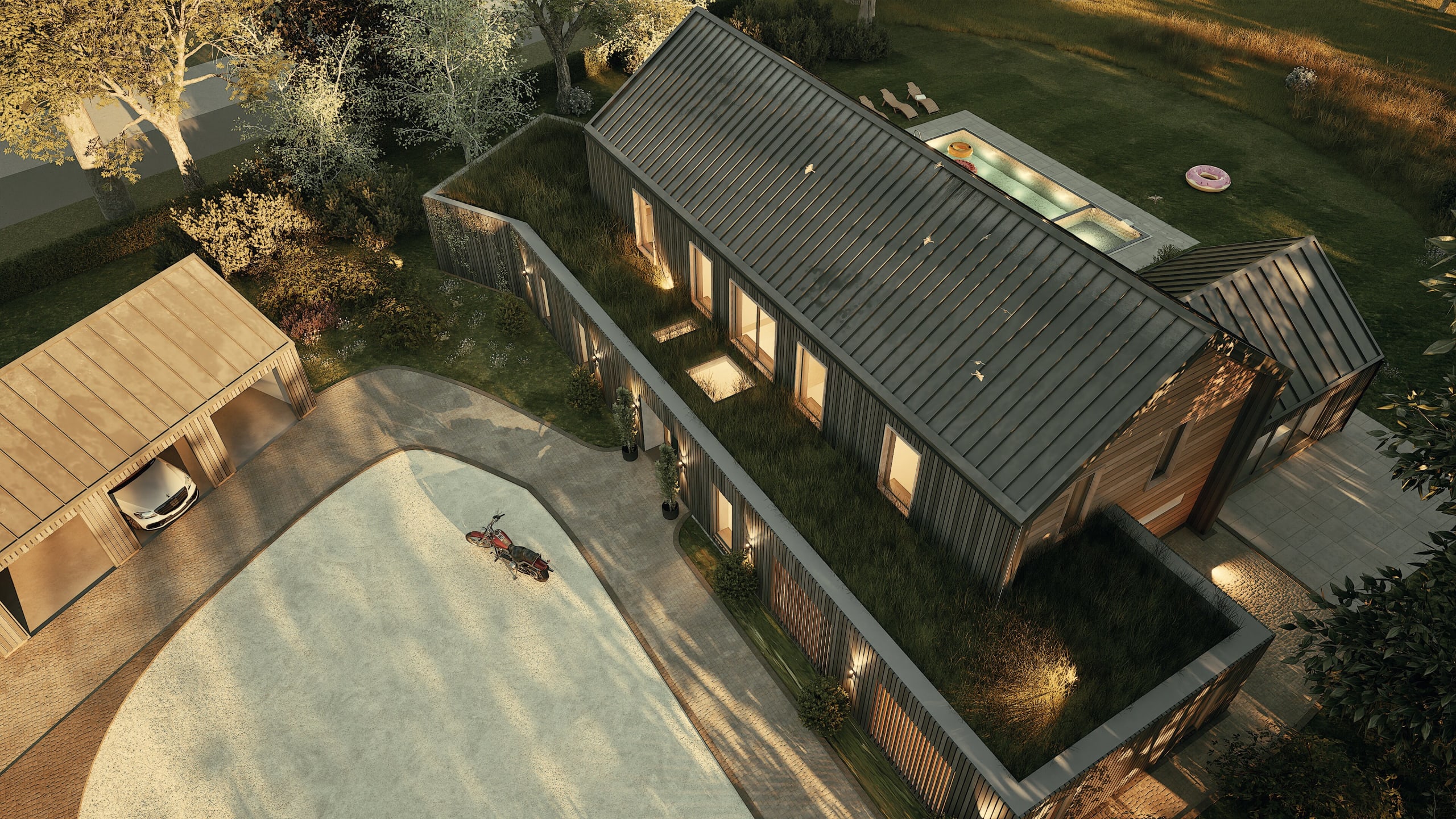 Aerial view of modern two-story home with dark metal roof, wooden cladding, green roof sections, rooftop pool, and carport