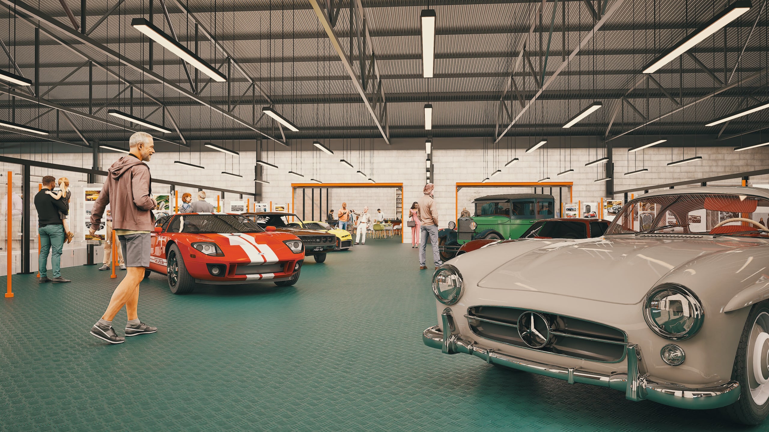 Classic car museum interior rendering showing vintage Mercedes, Ford GT, and other collectible vehicles with visitors browsing